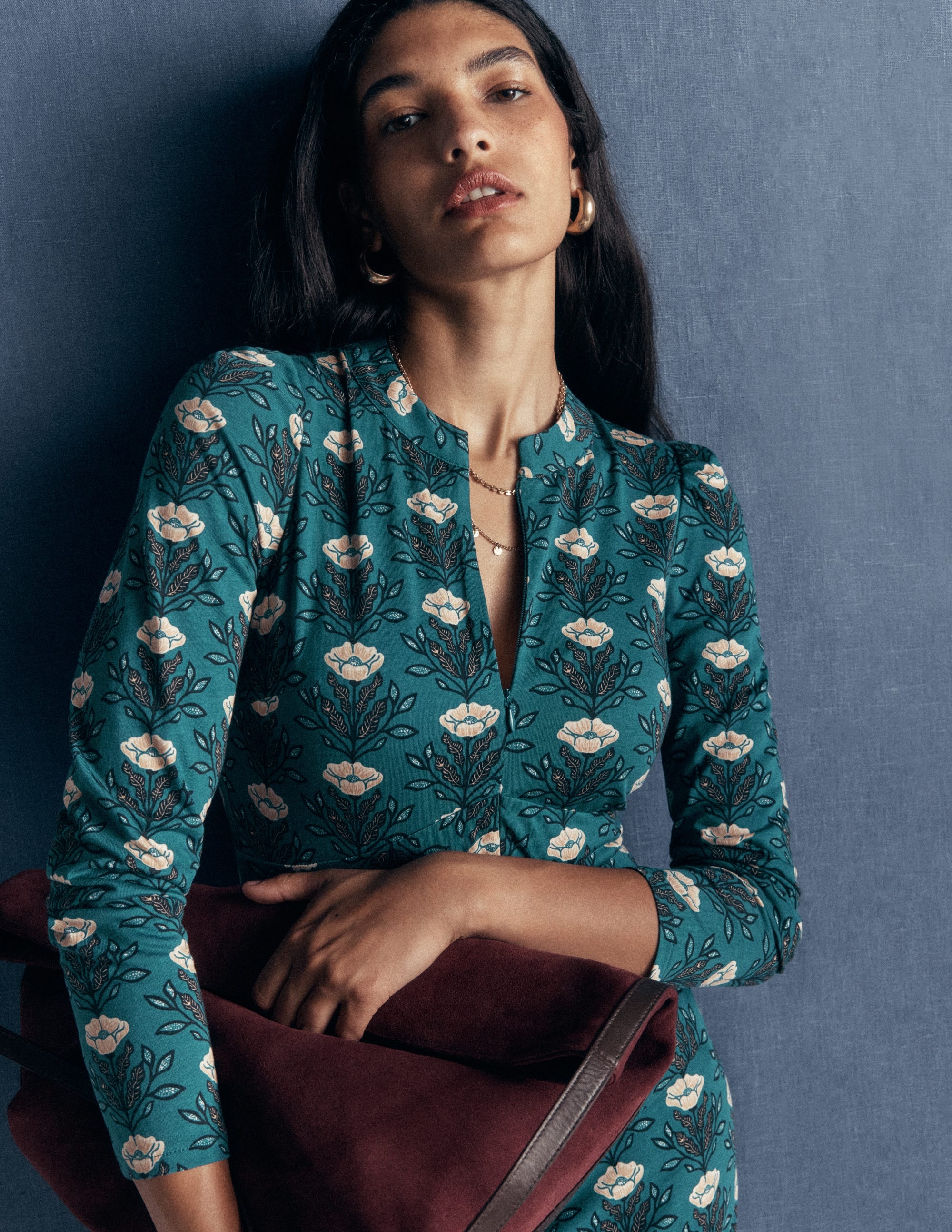 Hope Zip Detail Jersey Dress-Storm Blue, Flourishing Buds - Image 2