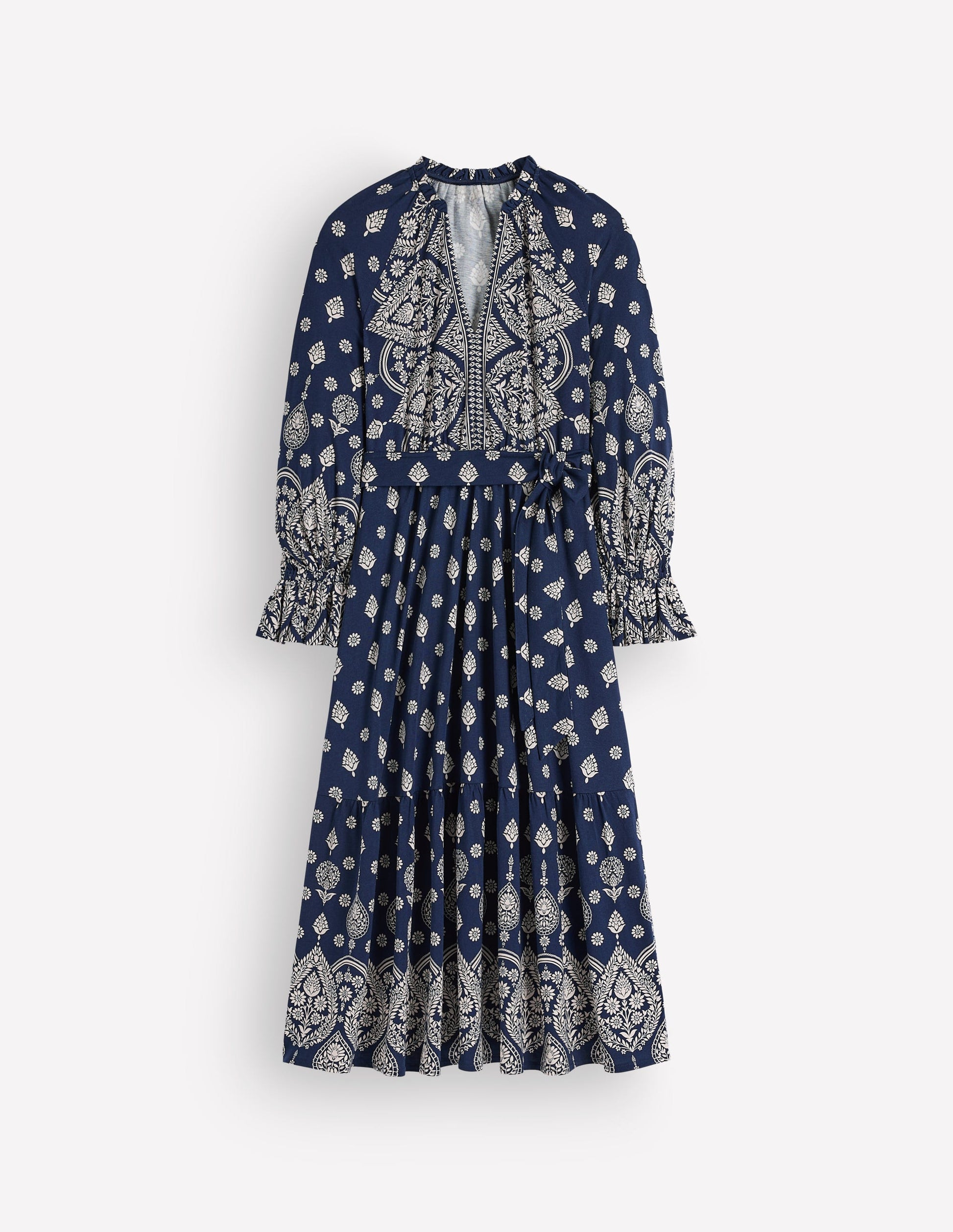 Blouson Tiered Jersey Dress-French Navy, Ornate Gardenia-7