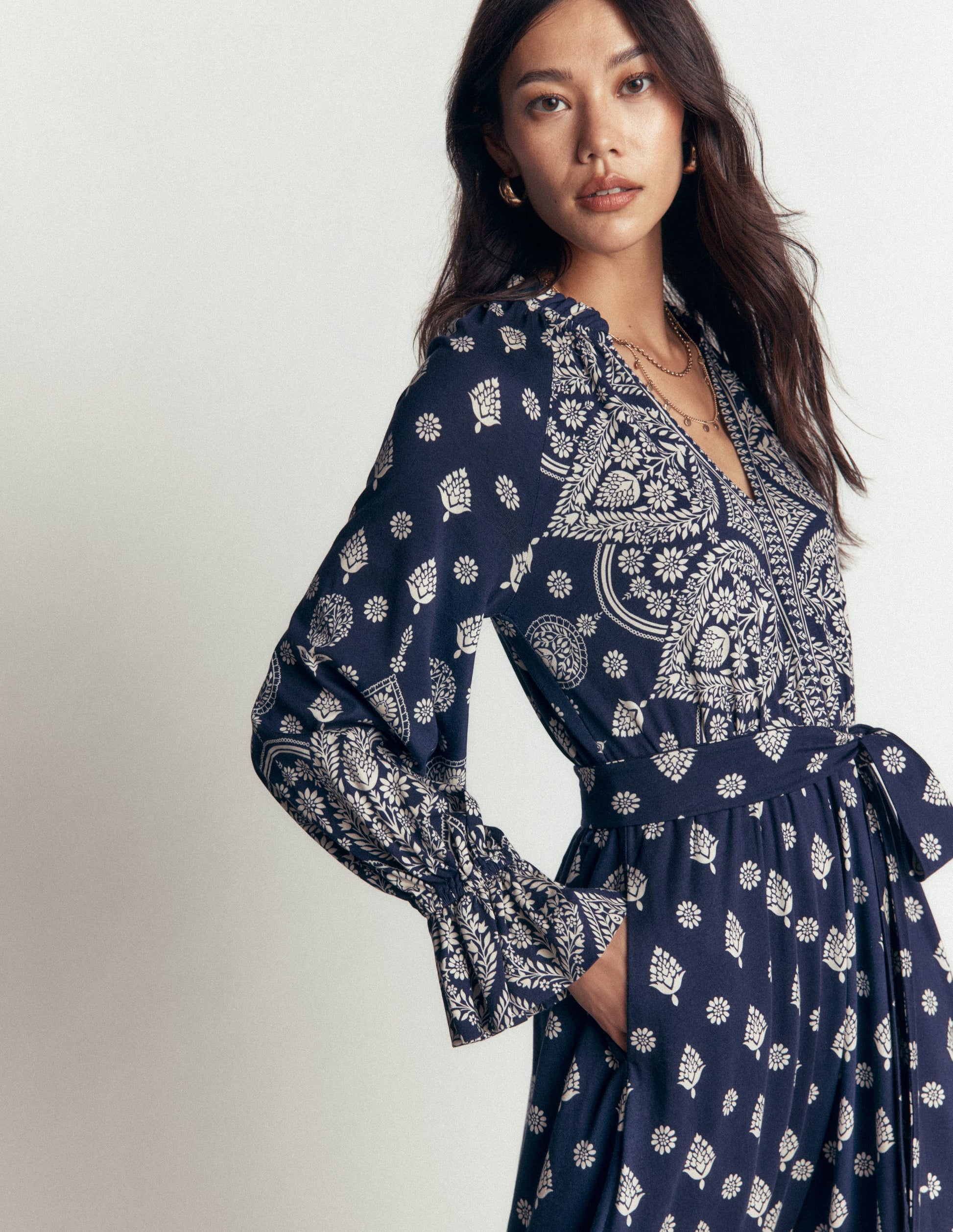 Blouson Tiered Jersey Dress-French Navy, Ornate Gardenia-3
