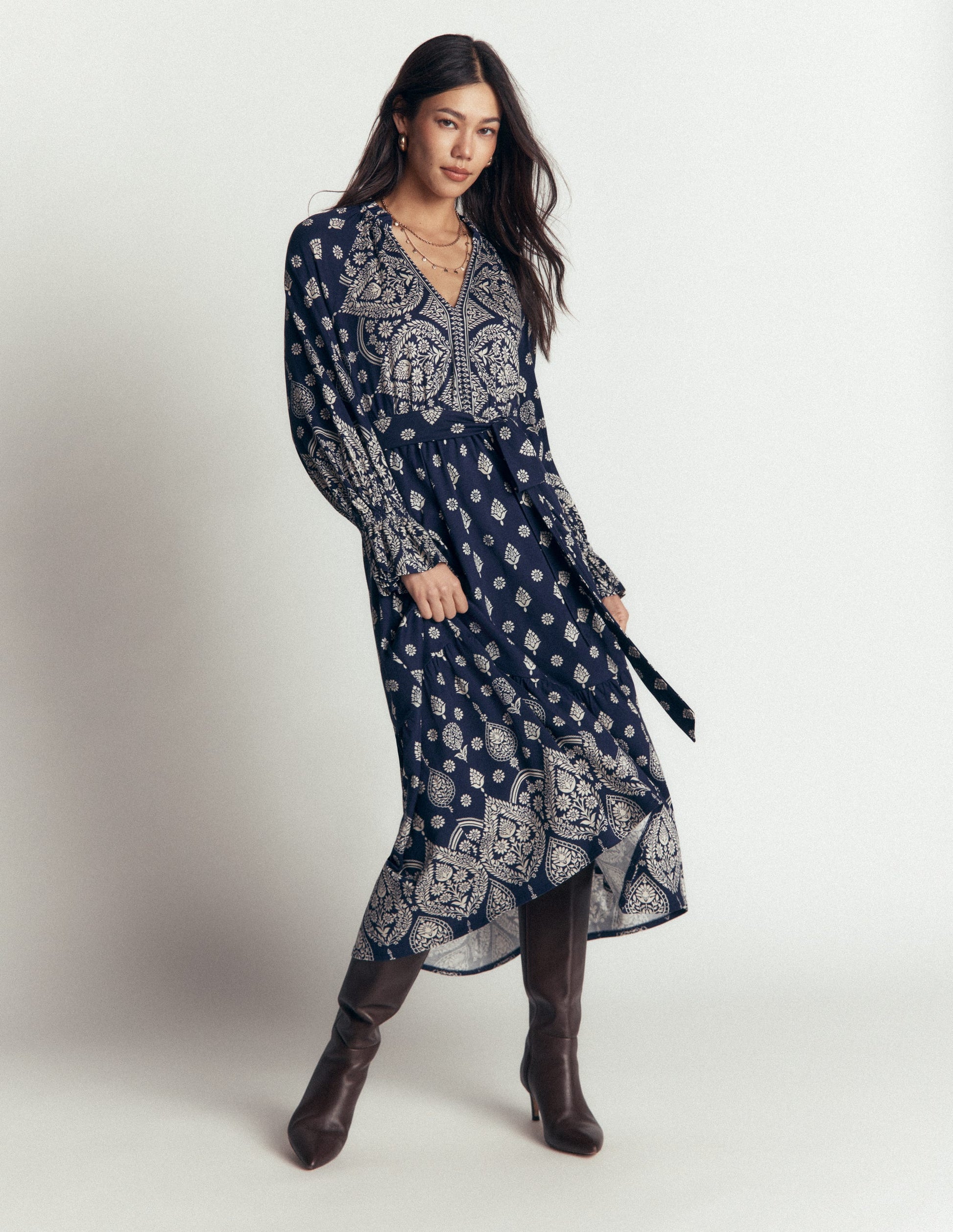 Blouson Tiered Jersey Dress-French Navy, Ornate Gardenia-5