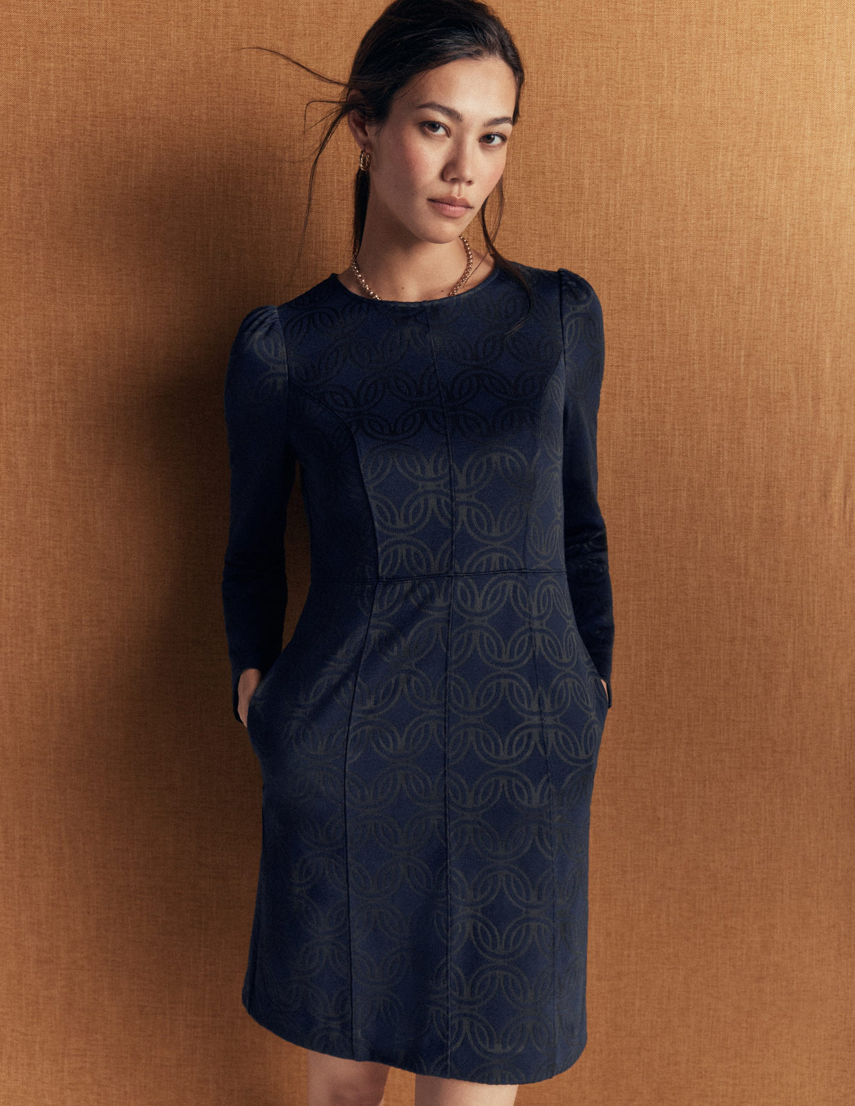 Marla Seamed Ottoman Dress-Navy and Forest Glade Jacquard-1