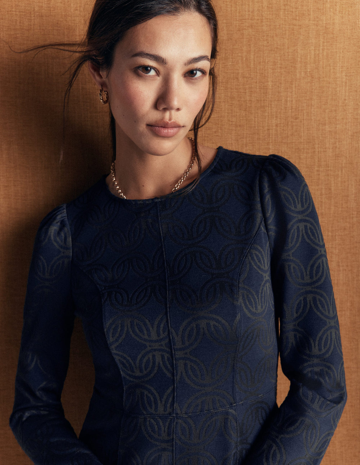 Marla Seamed Ottoman Dress-Navy and Forest Glade Jacquard - Image 2