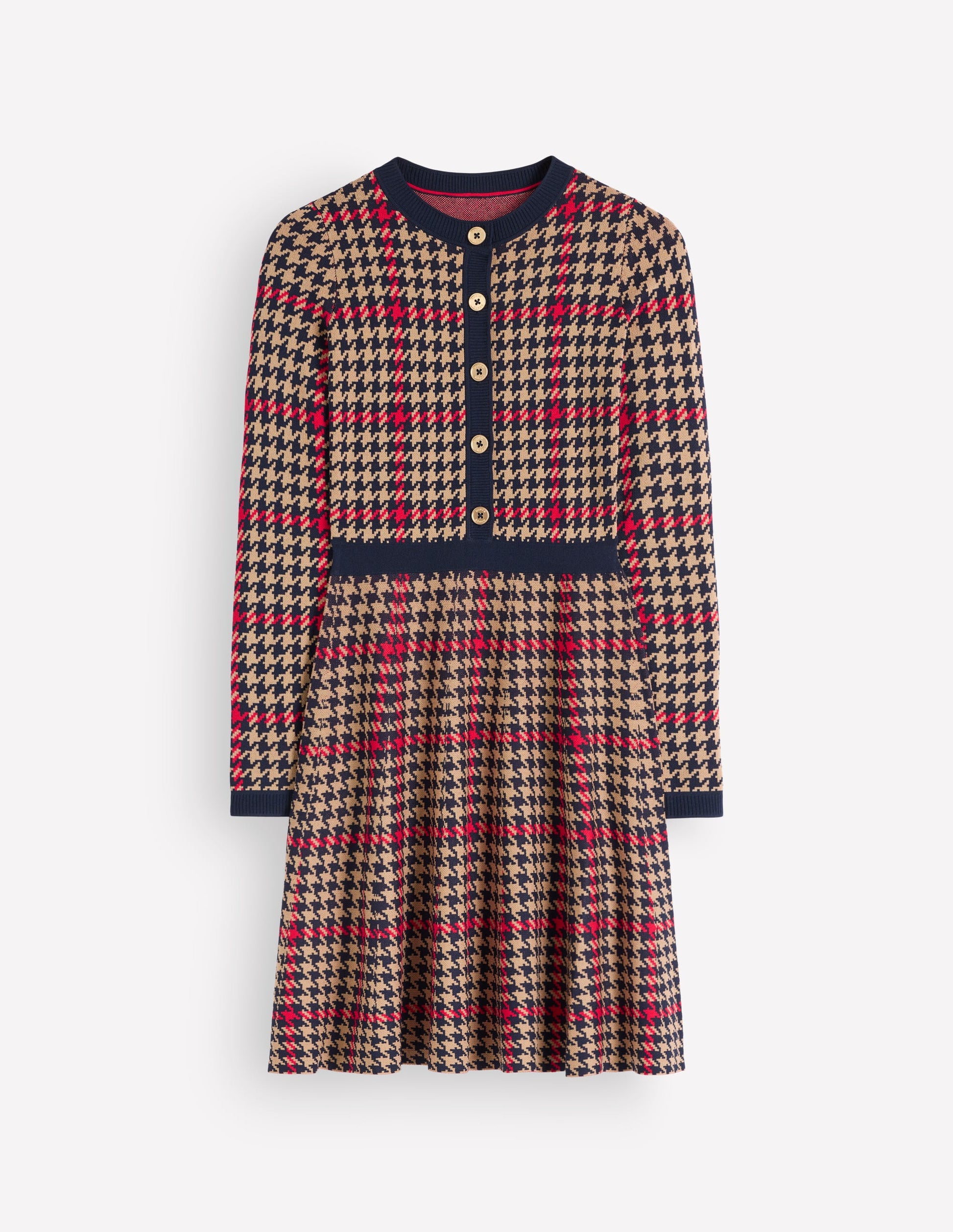 Crew Neck Jacquard Dress-Navy, Camel, Red Check-7