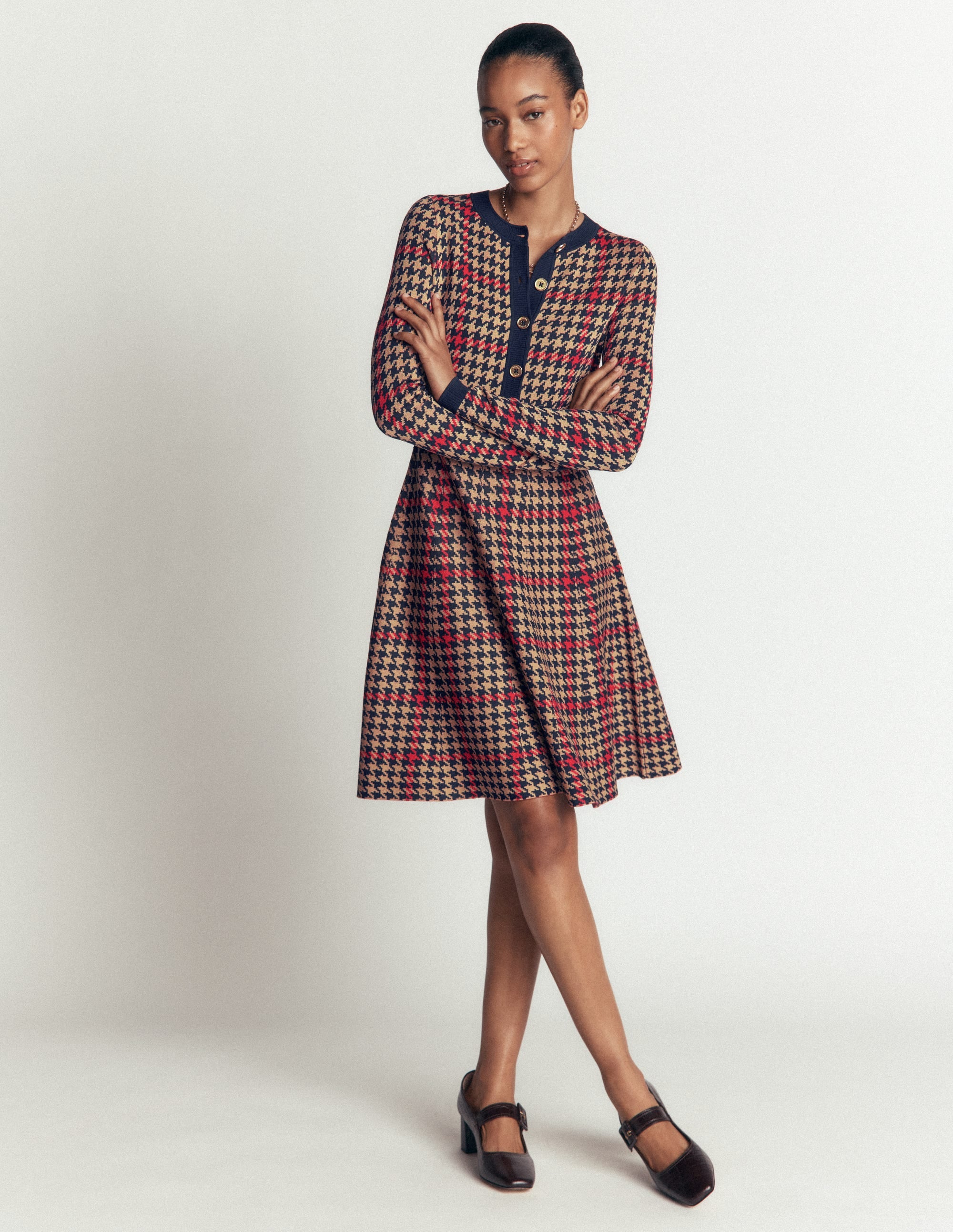 Crew Neck Jacquard Dress-Navy, Camel, Red Check - Image 1