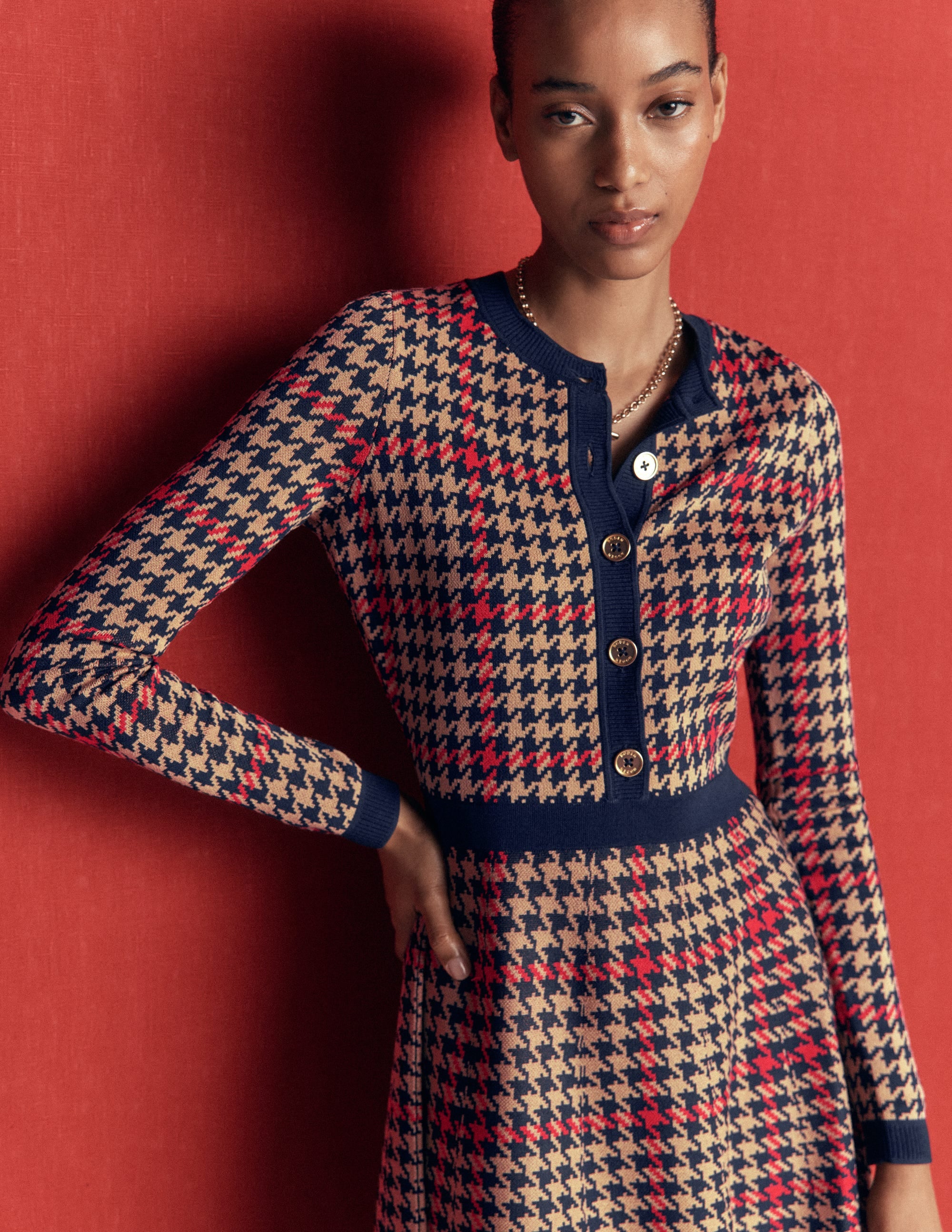 Crew Neck Jacquard Dress - Navy, Camel, Red Check | Boden USA