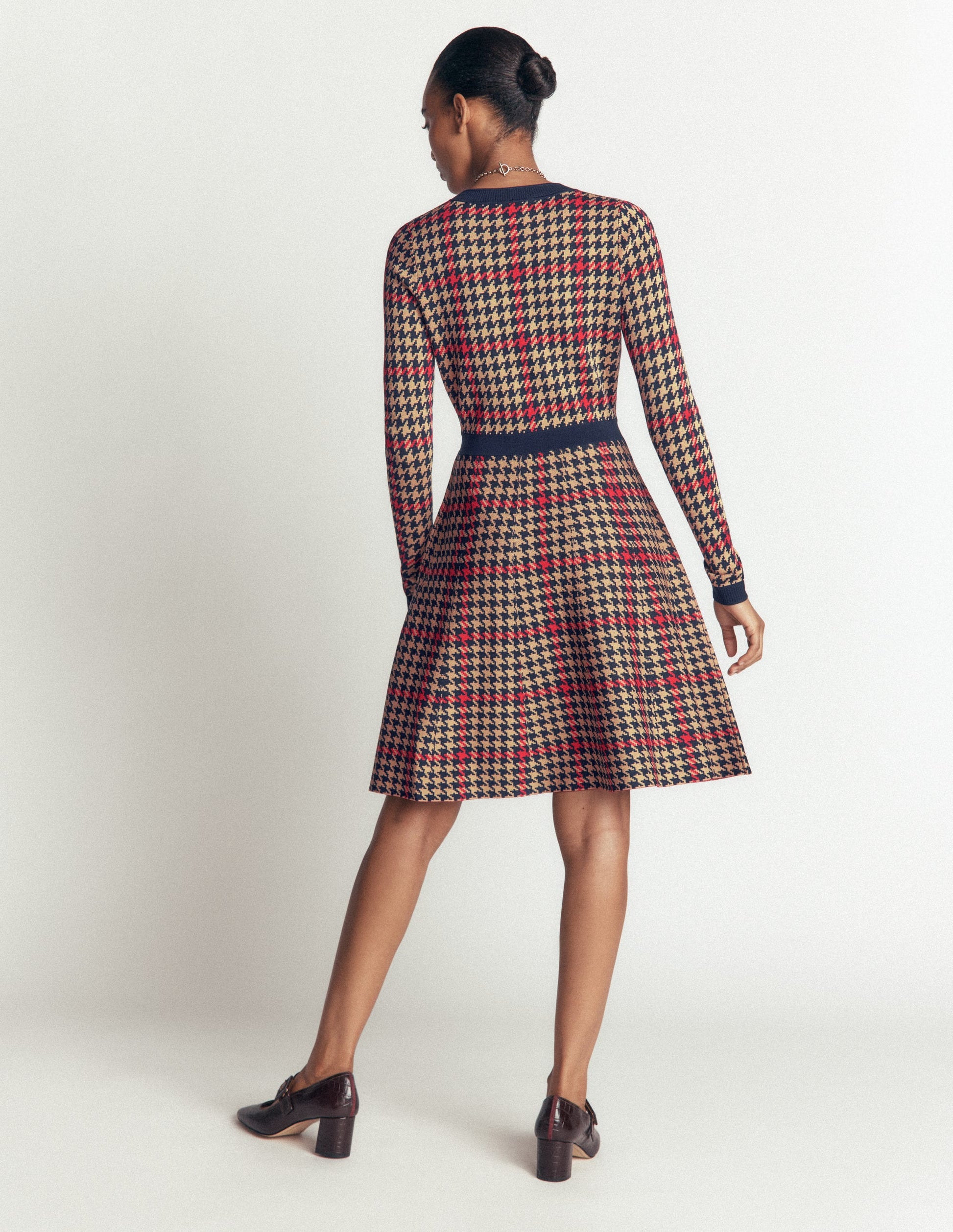 Crew Neck Jacquard Dress-Navy, Camel, Red Check-3