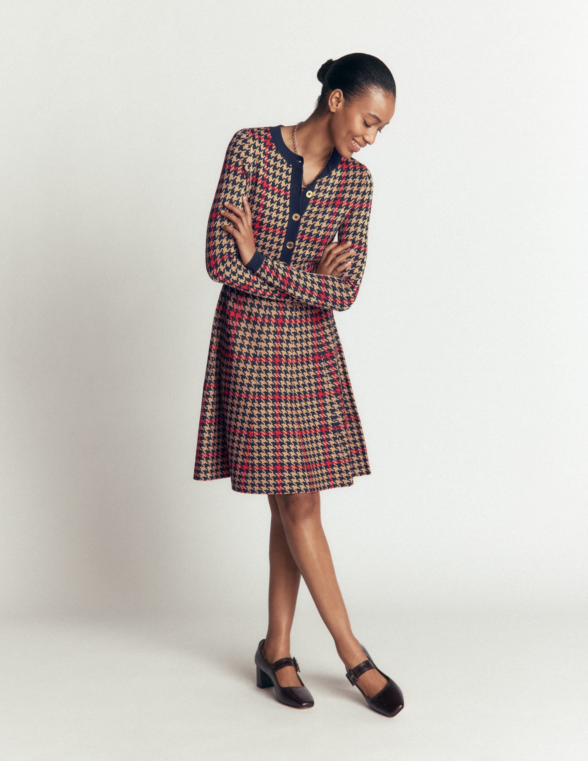 Crew Neck Jacquard Dress - Navy, Camel, Red Check | Boden USA