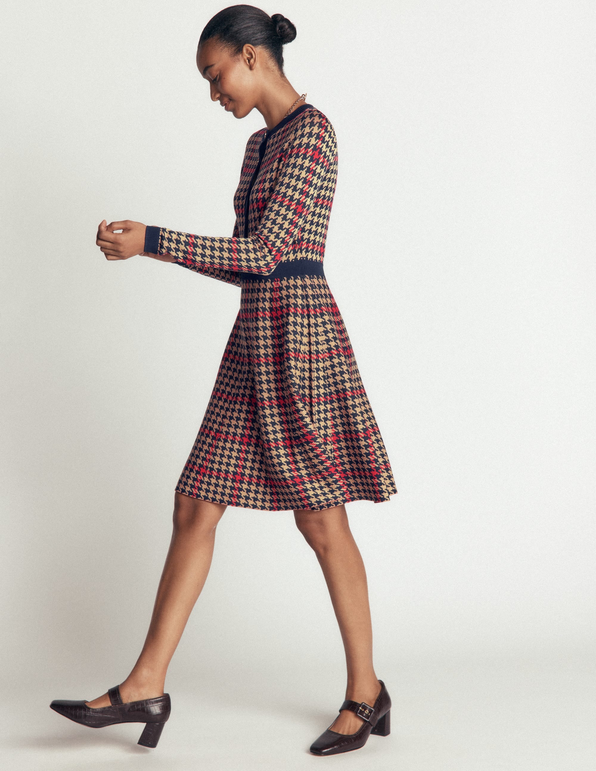 Crew Neck Jacquard Dress - Navy, Camel, Red Check | Boden USA