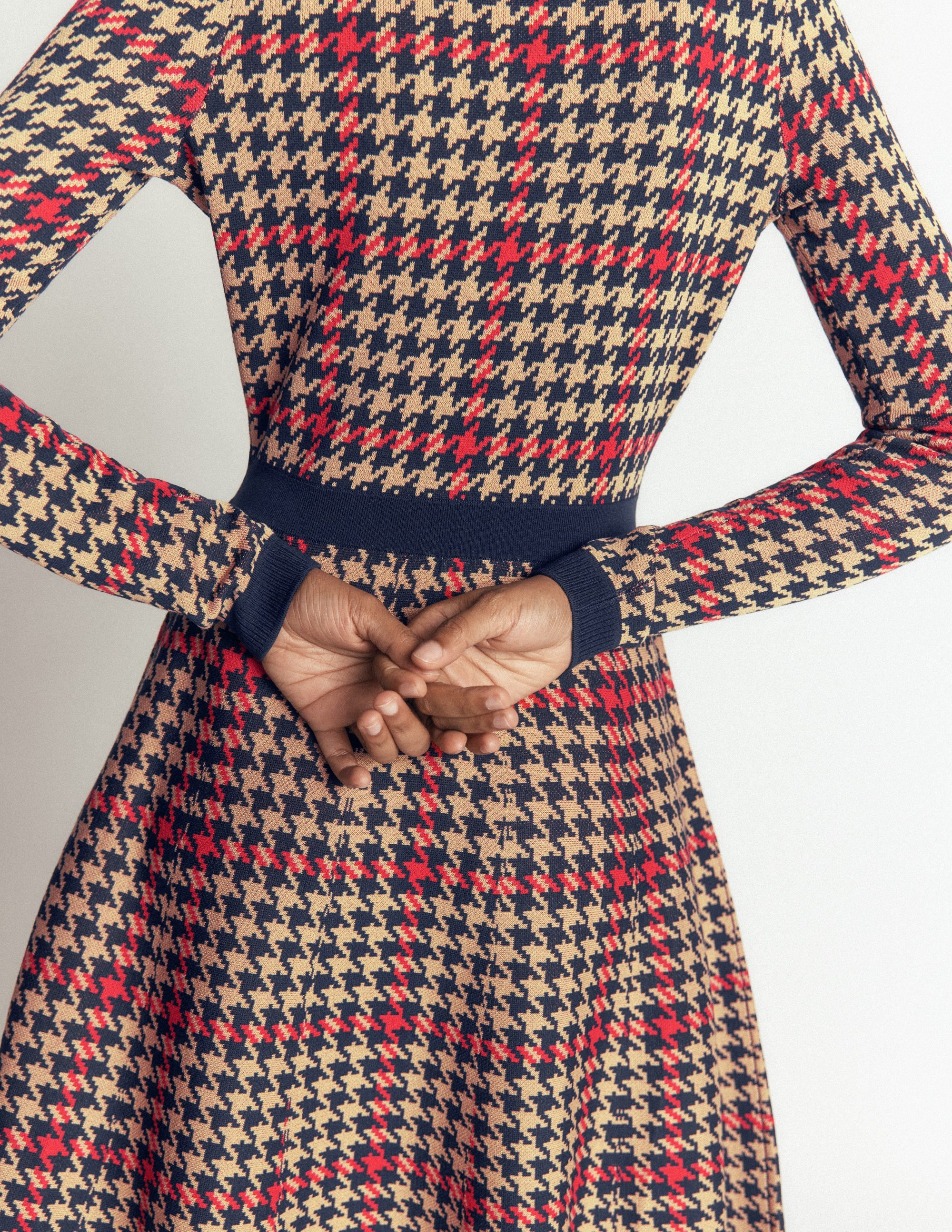 Crew Neck Jacquard Dress-Navy, Camel, Red Check - Image 6