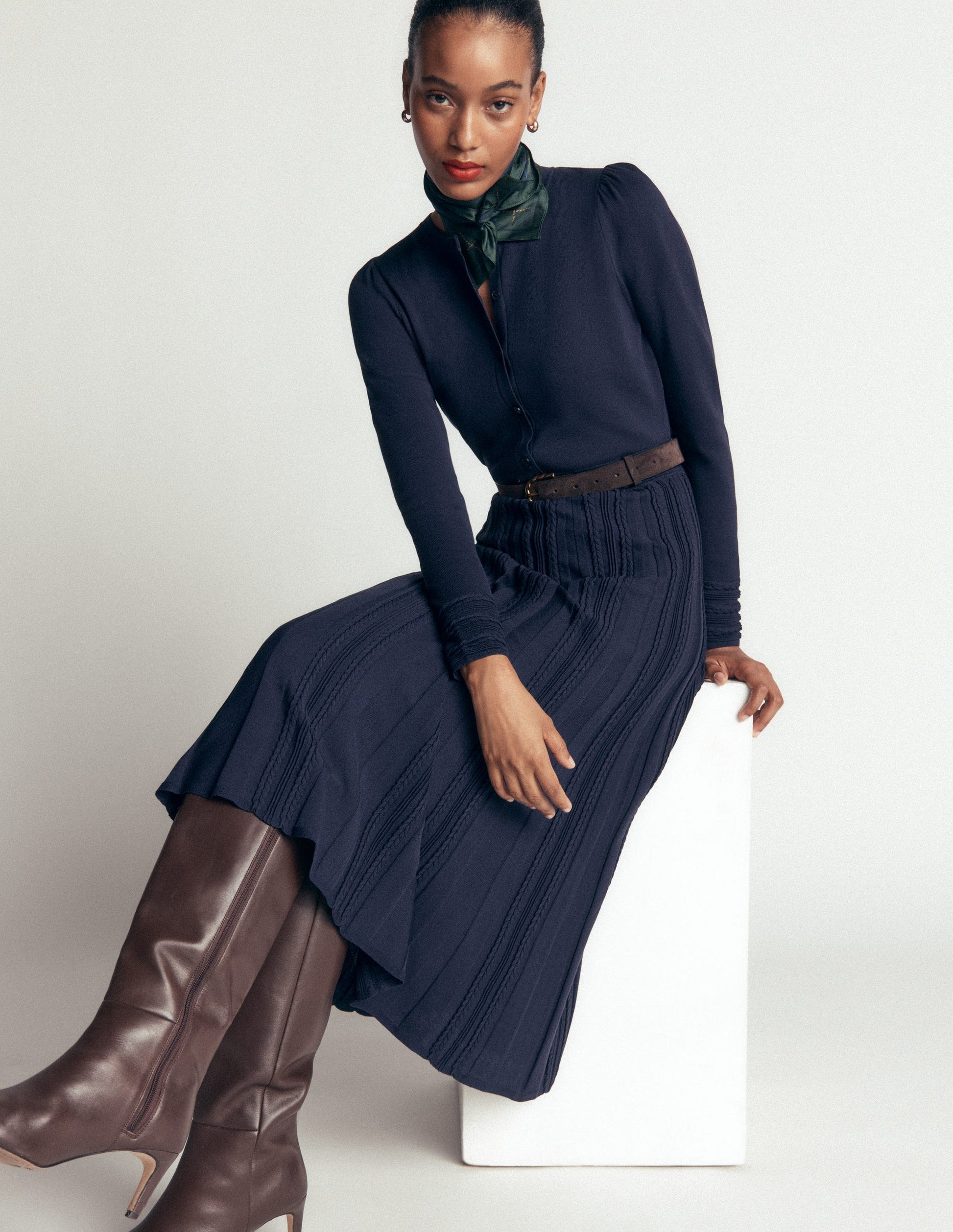 Cable Stitch Knitted Dress-Navy-1