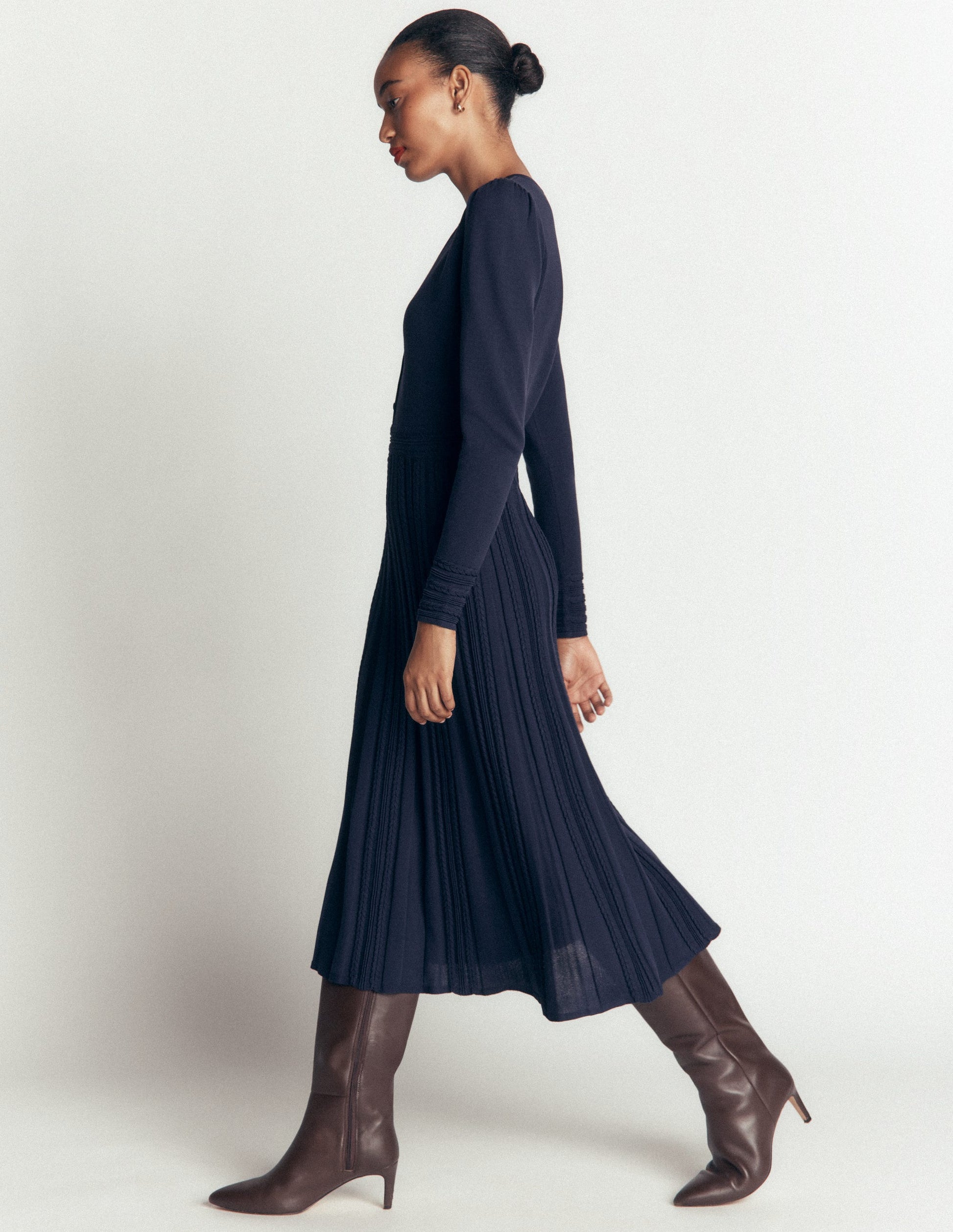 Cable Stitch Knitted Dress-Navy-3