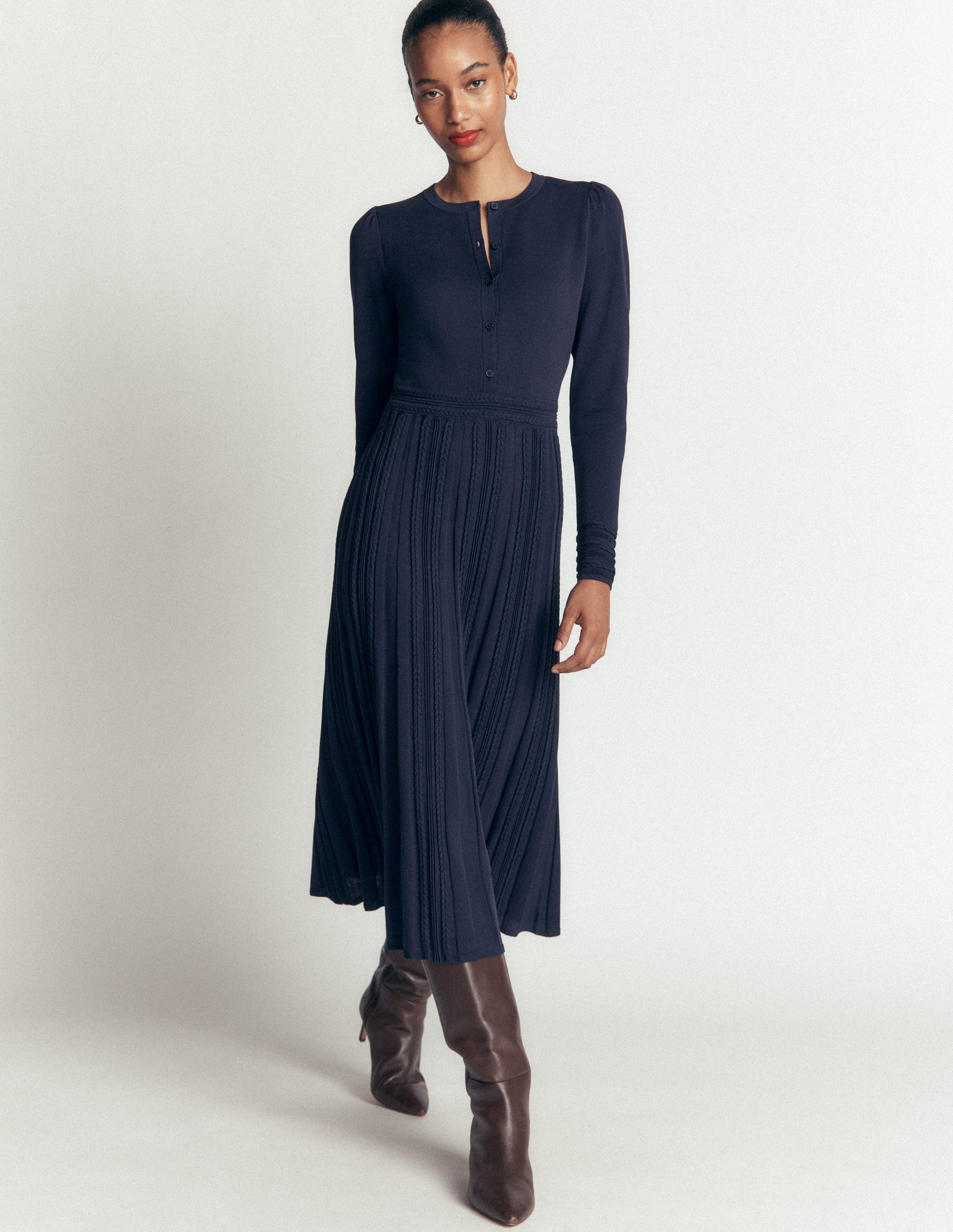 Cable Stitch Knitted Dress-Navy-4