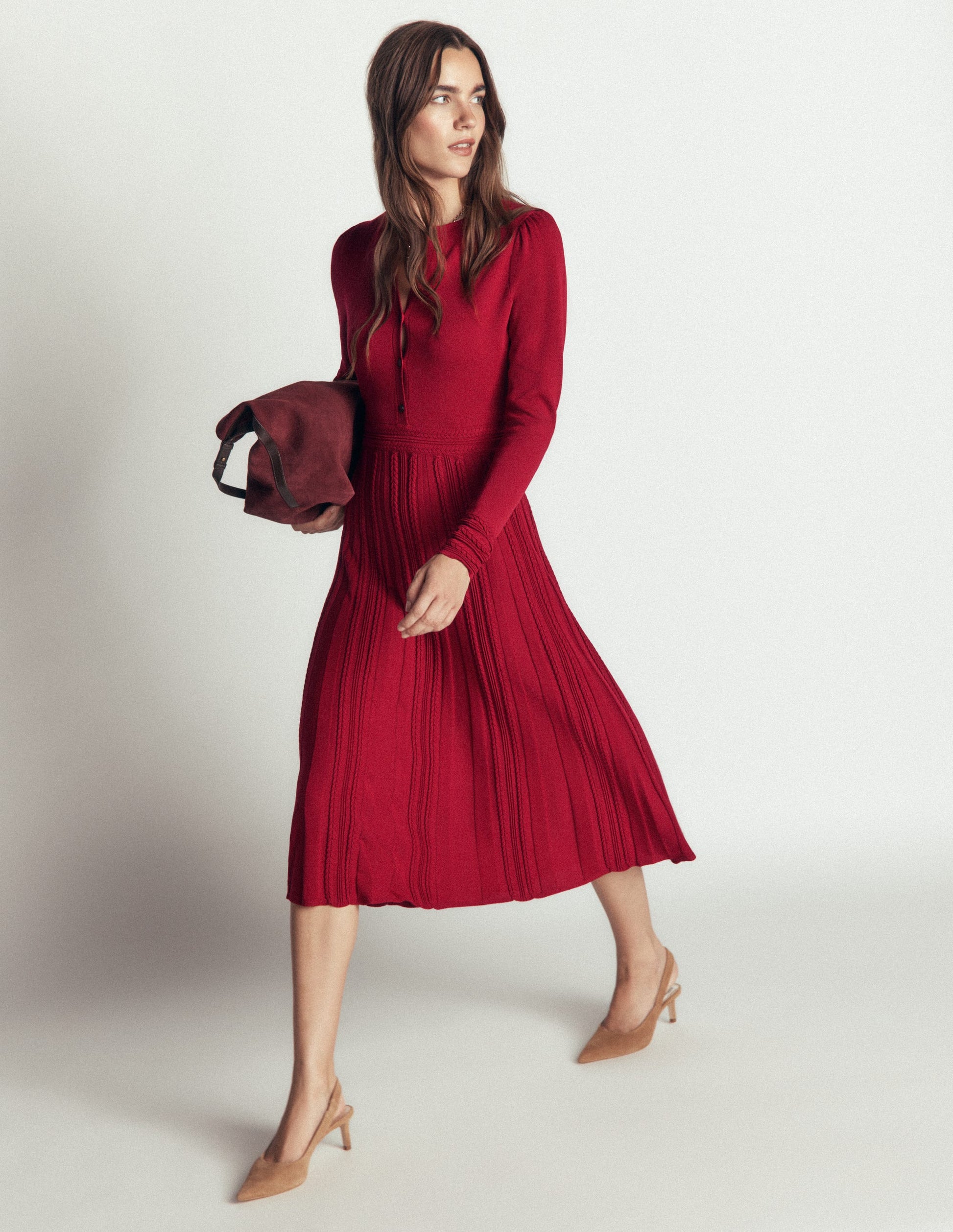 Cable Stitch Knitted Dress-Crimson Red-5