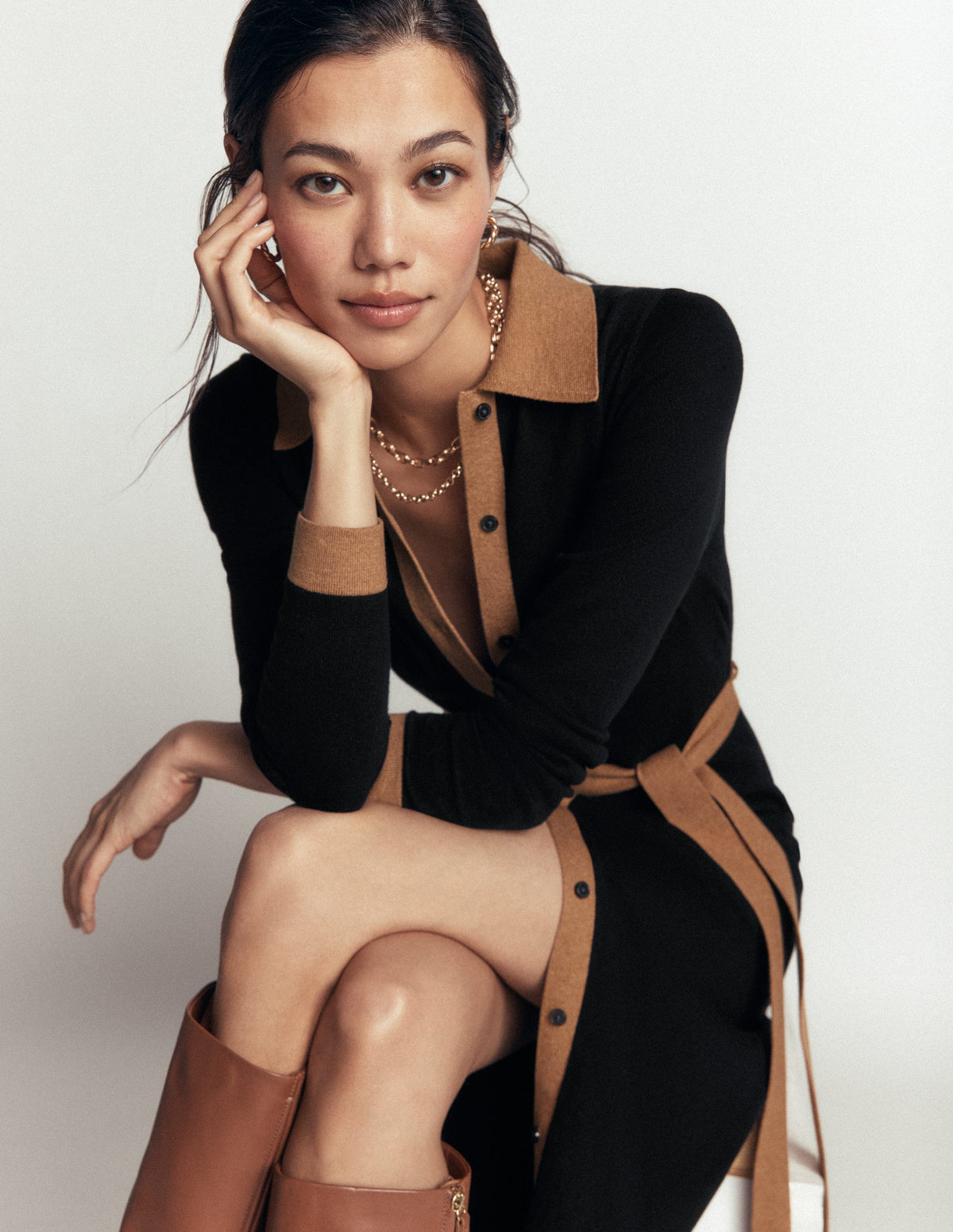 Jessica Knitted Shirt Dress-Black and Fall leaf-3
