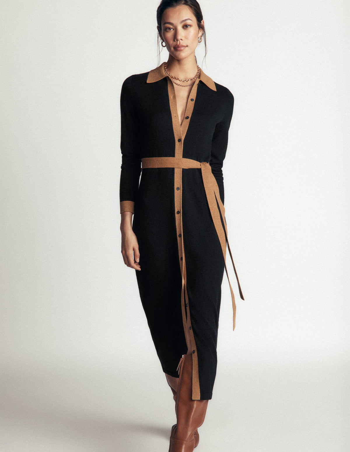 Jessica Knitted Shirt Dress-Black and Fall leaf-6