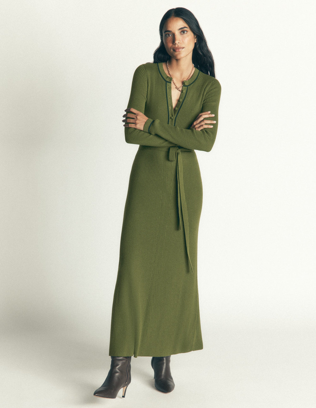 Paula Ribbed Crew Dress-Brunswick Green, Evening Blue-2