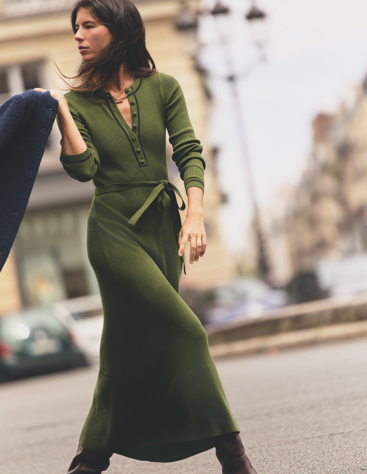 Paula Ribbed Crew Dress-Brunswick Green, Evening Blue - Image 1