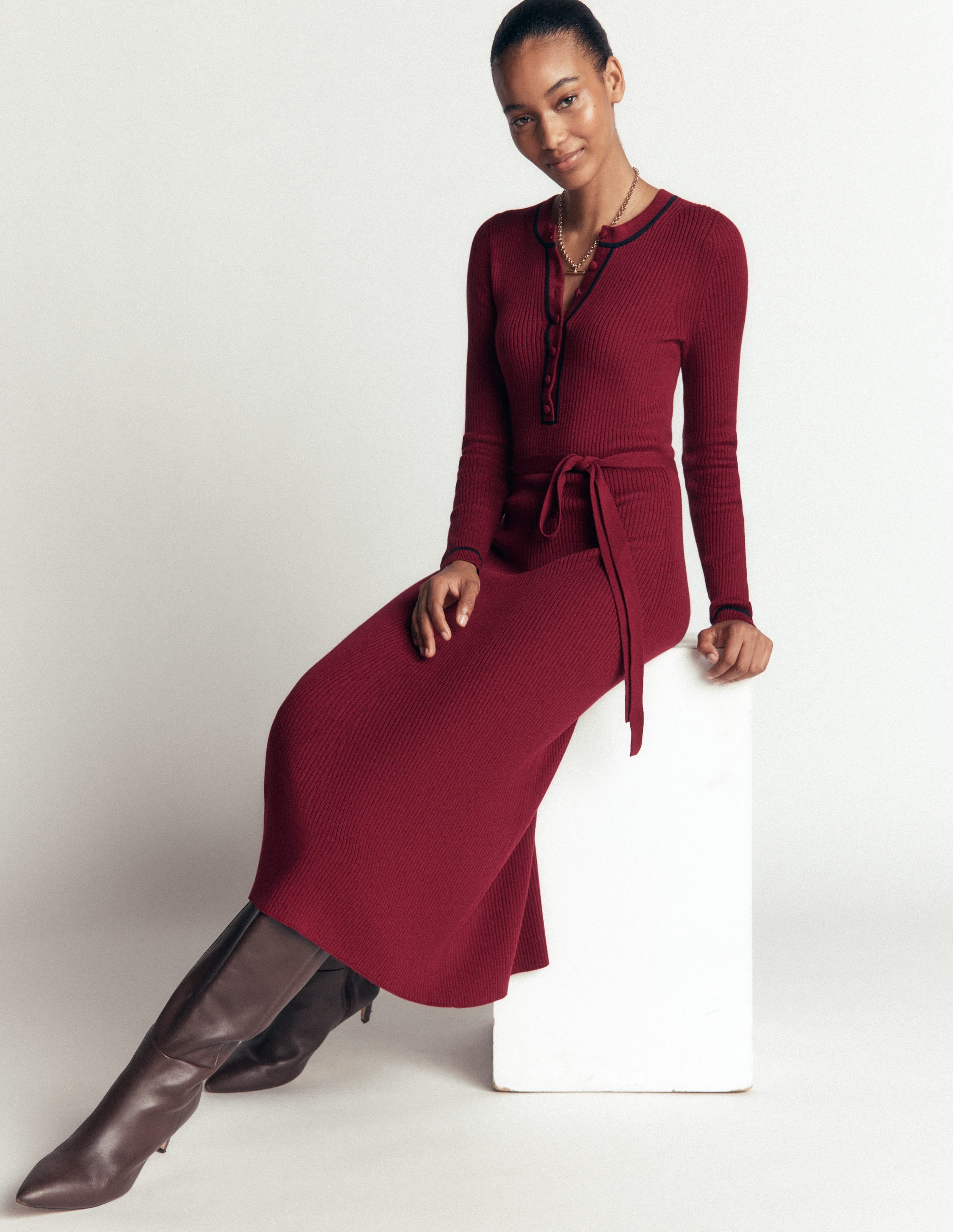 Paula Ribbed Crew Dress-Deep Wisteria, Navy - Image 4