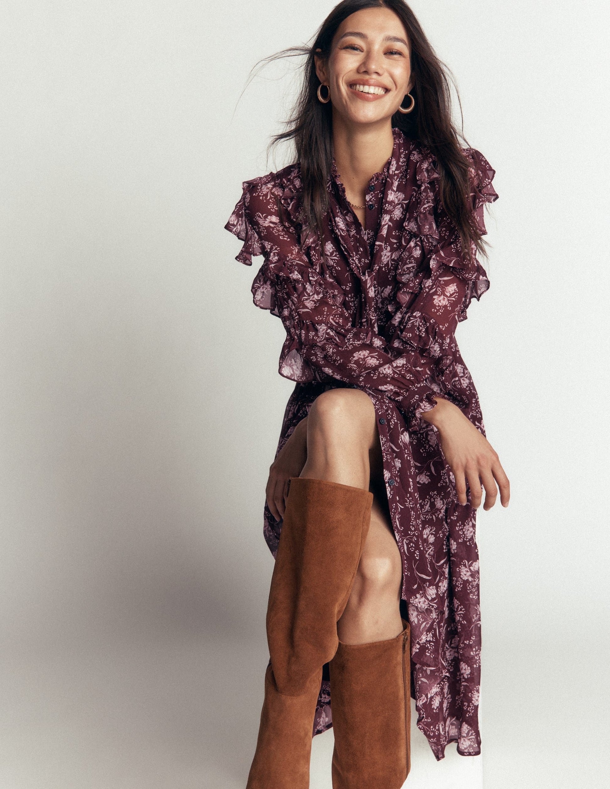 Ruffle Tie Neck Dress-Brown, Enchanted Sprigs-3