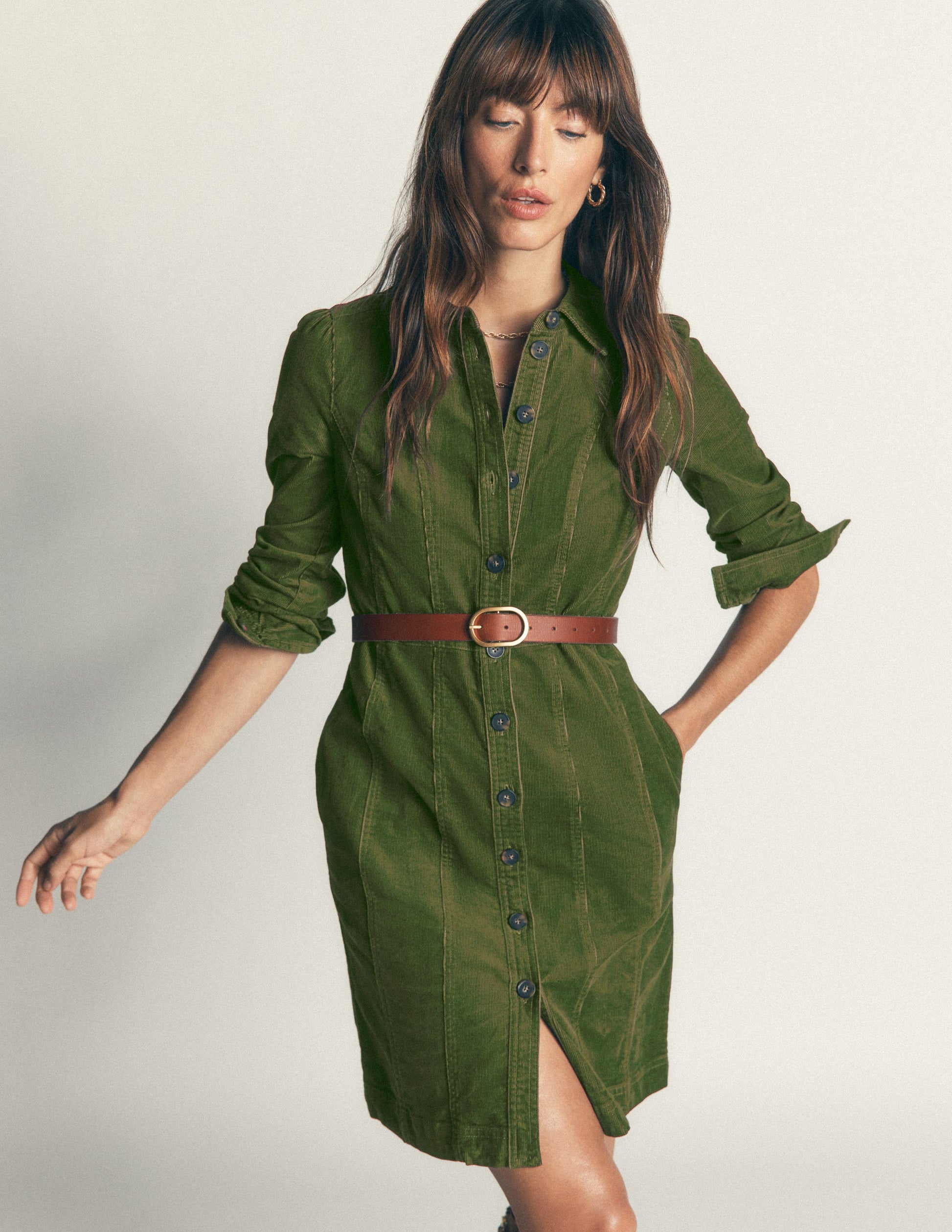 Rhoda Cord Short Dress-Forest Green-5