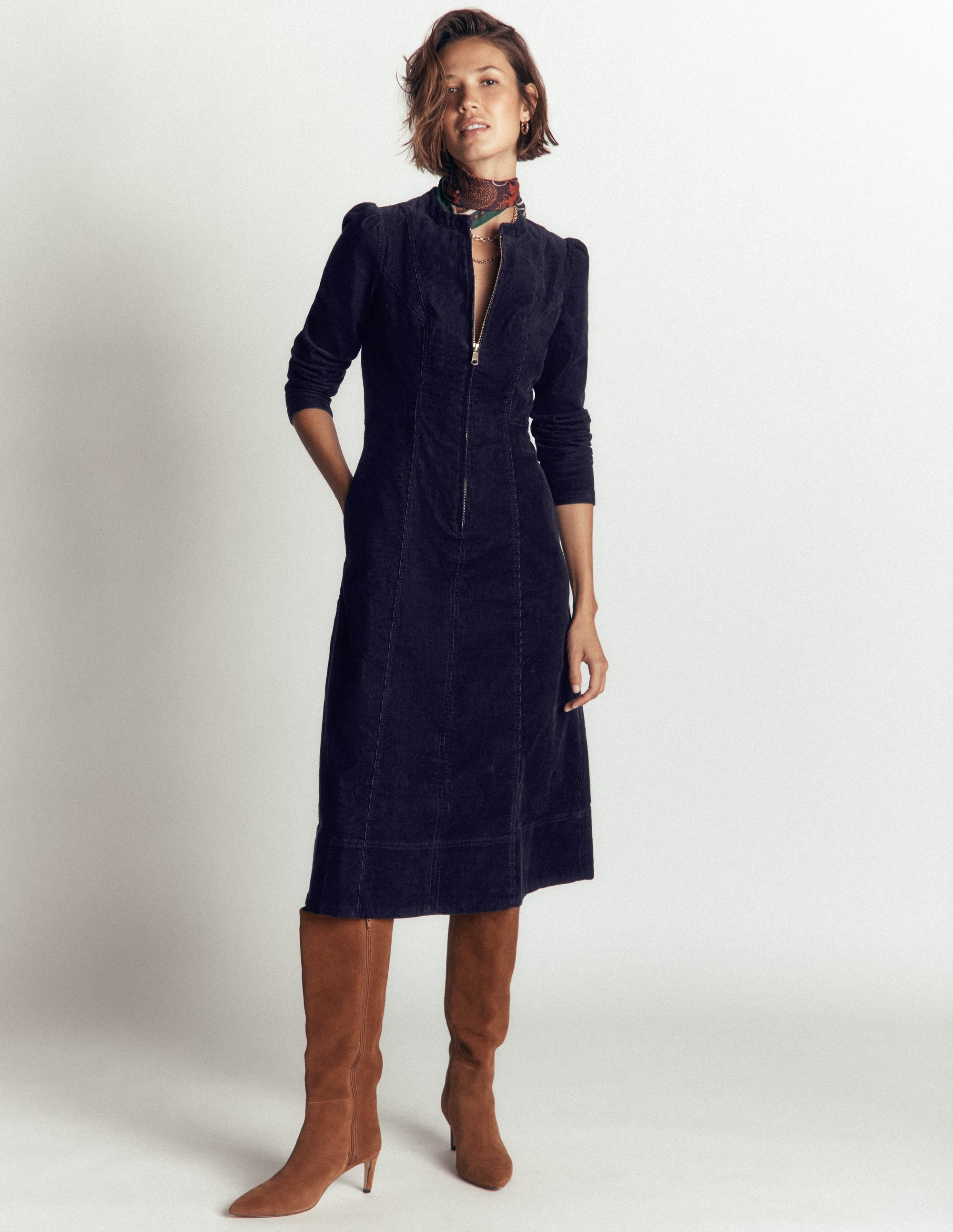 Una Cord Midi Dress-Navy - Image 2