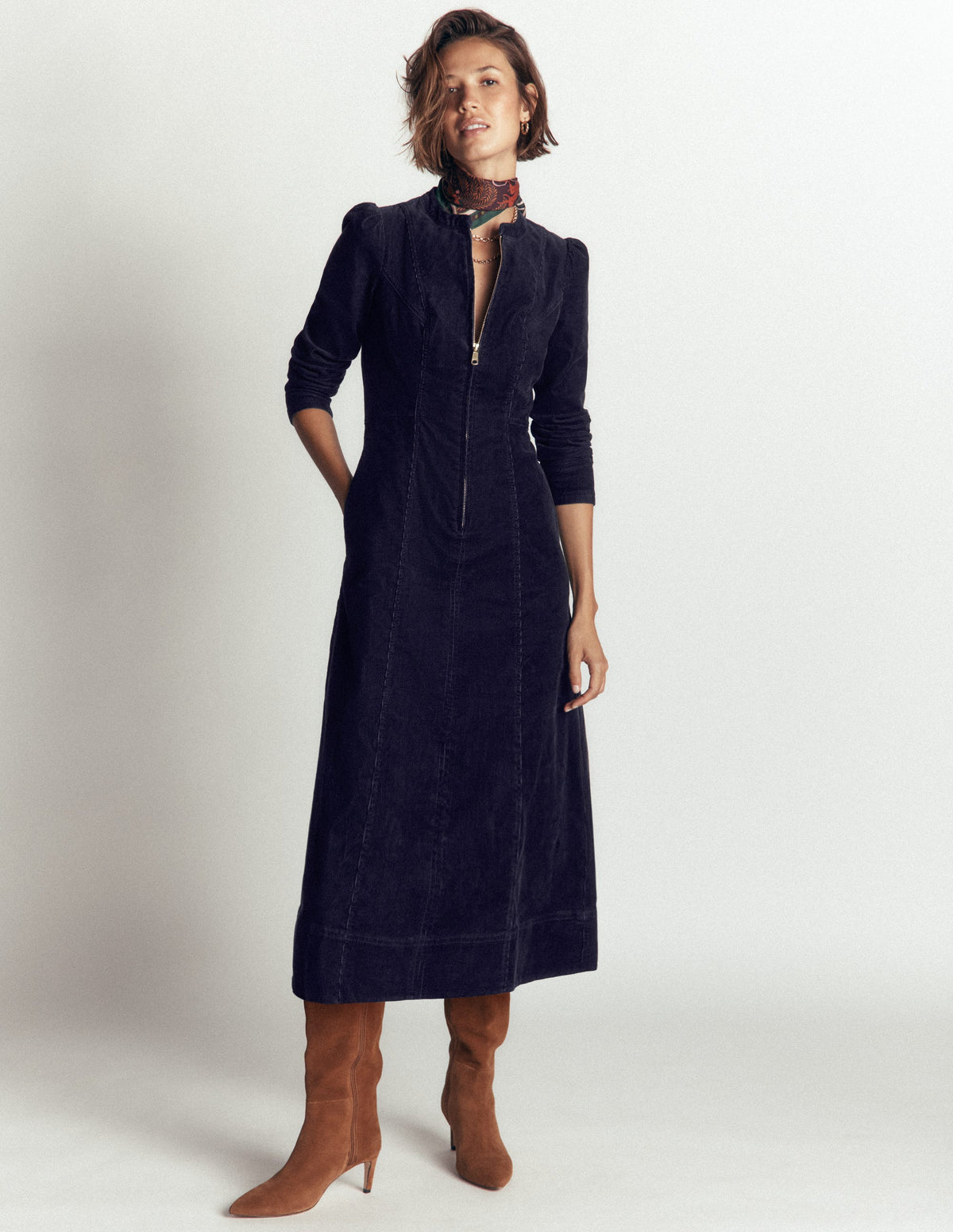 Una Cord Midi Dress-Navy - Image 1
