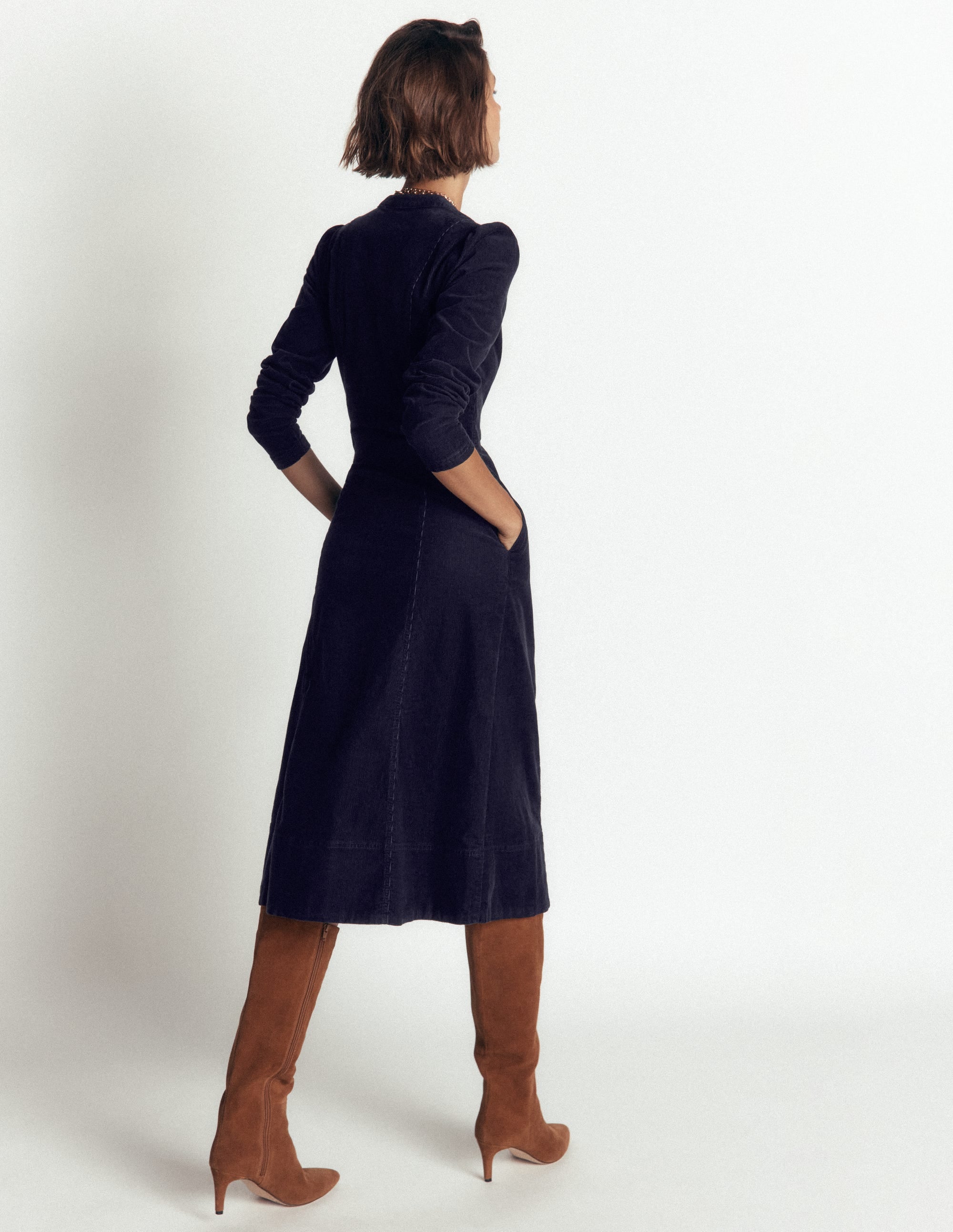 Una Cord Midi Dress-Navy - Image 3
