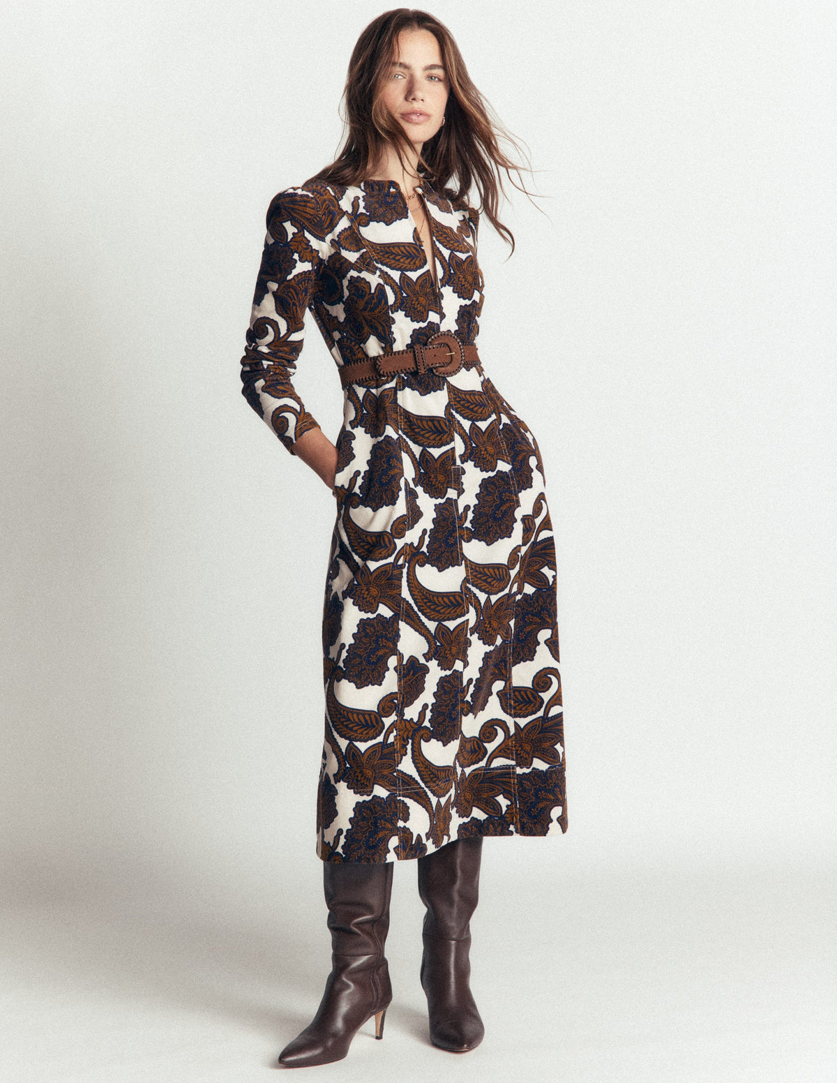 Una Cord Midi Dress-Almond Milk Paisley Bouquet - Image 1