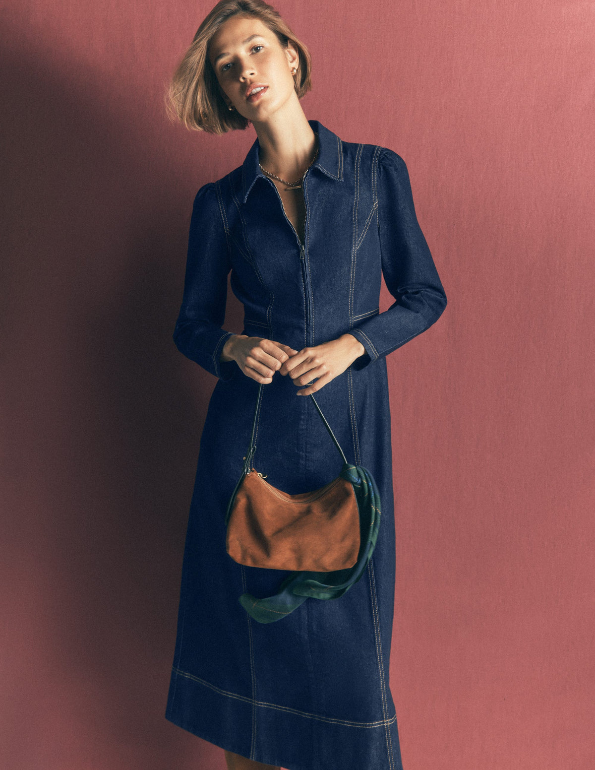 Una Collared Denim Midi Dress-Dark Vintage Denim-1