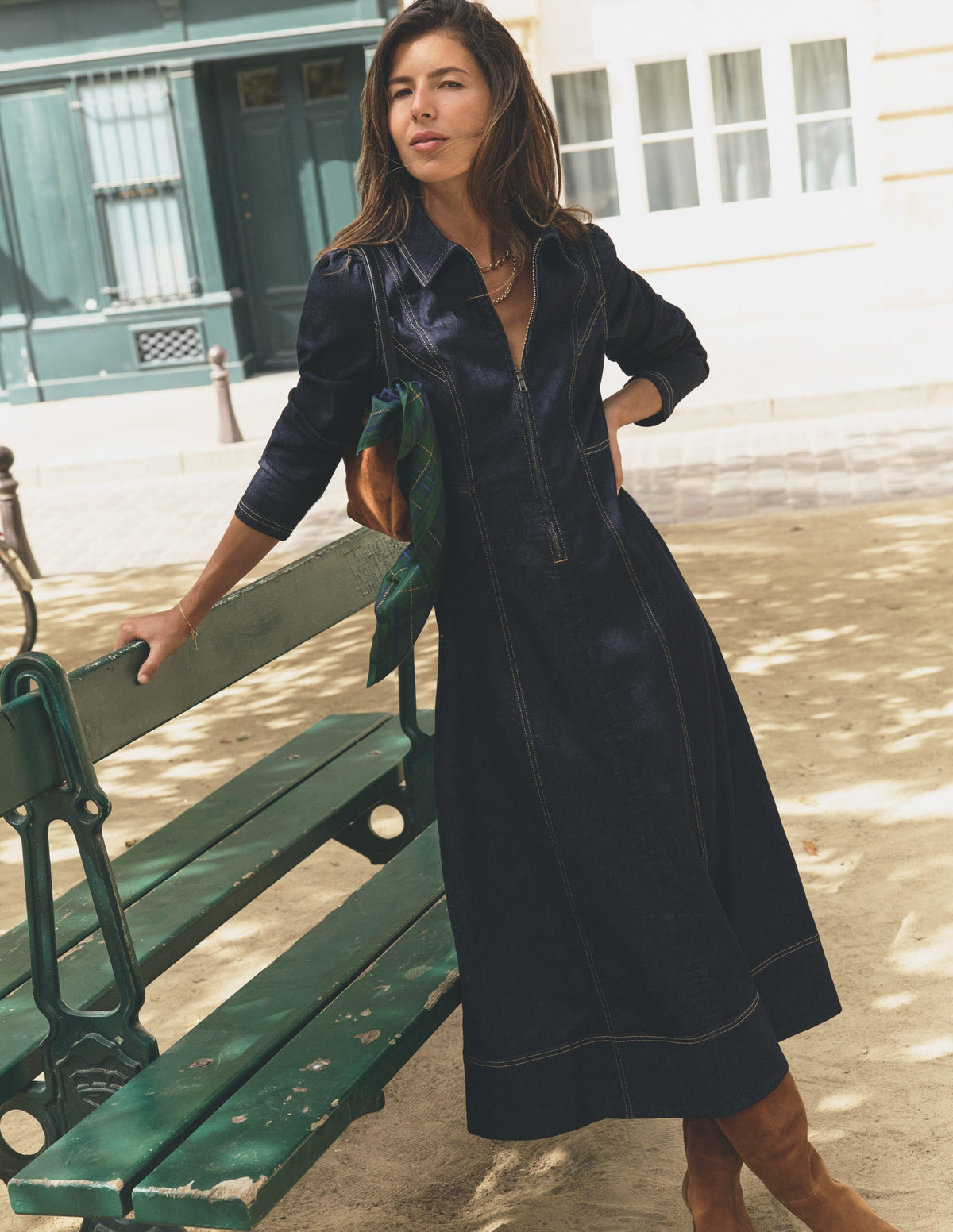 Una Collared Denim Midi Dress-Dark Vintage Denim-5
