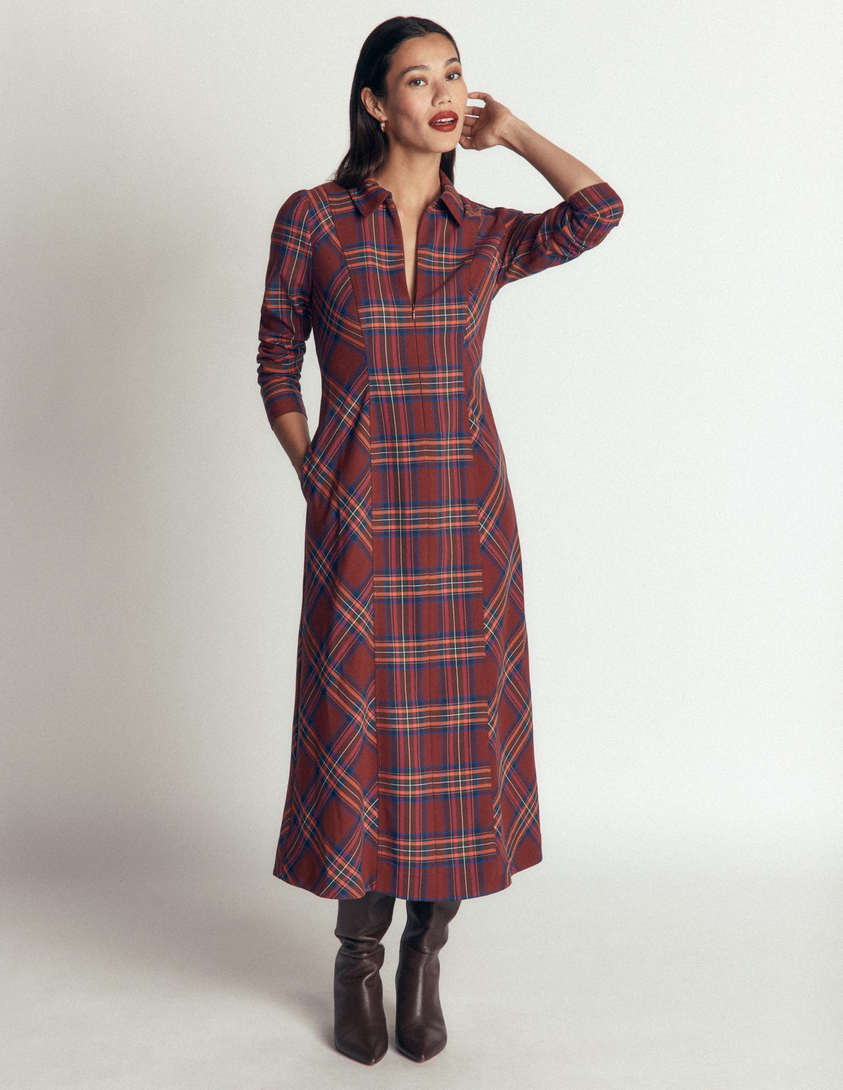 Una Collared Check Midi Dress-Brown, Blue and Orange Check - Image 3
