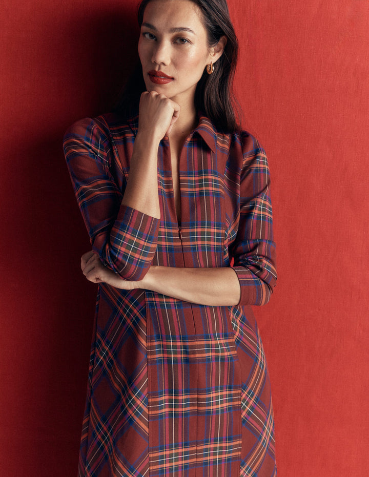 Una Collared Check Midi Dress-Brown, Blue and Orange Check