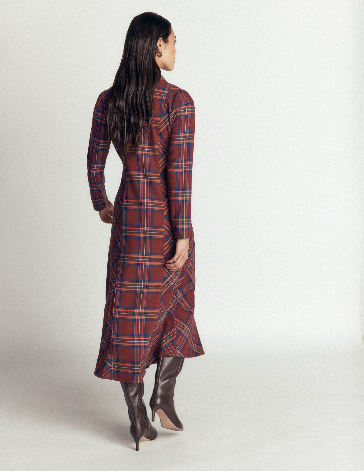 Una Collared Check Midi Dress-Brown, Blue and Orange Check - Image 4