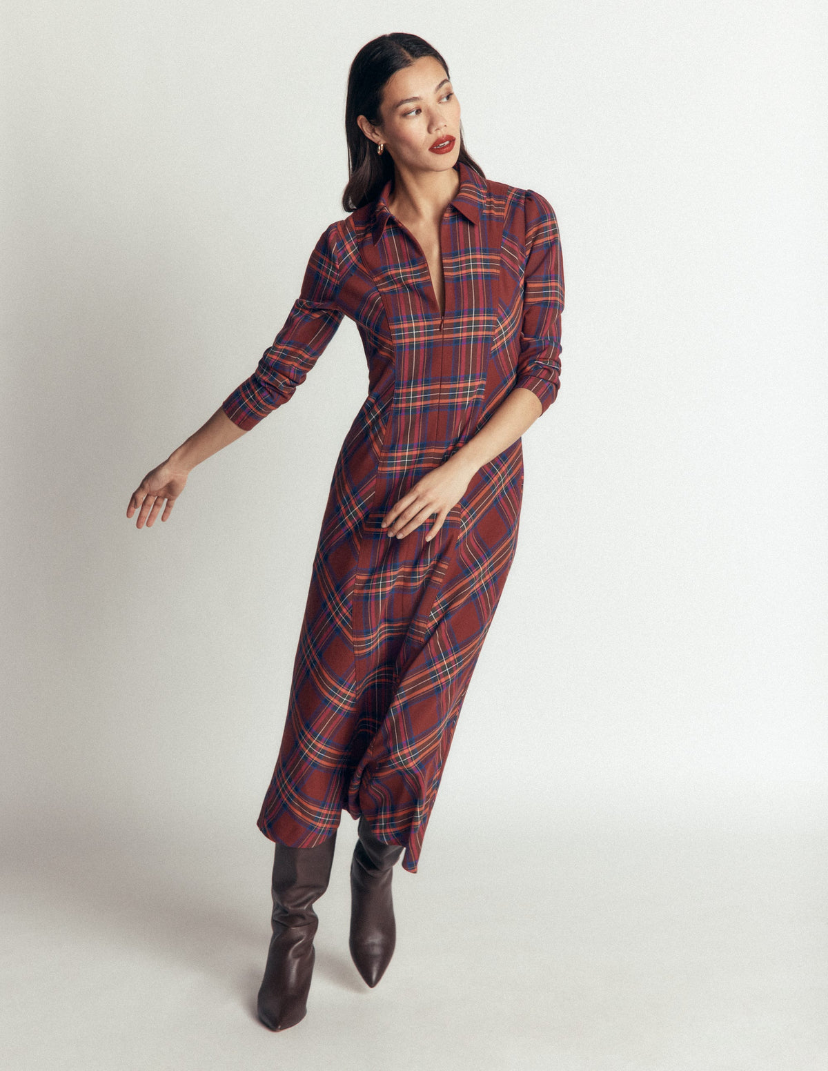 Una Collared Check Midi Dress-Brown, Blue and Orange Check - Image 5