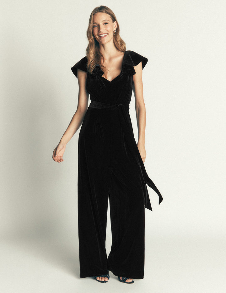 Ruffle Velvet Jumpsuit-Black