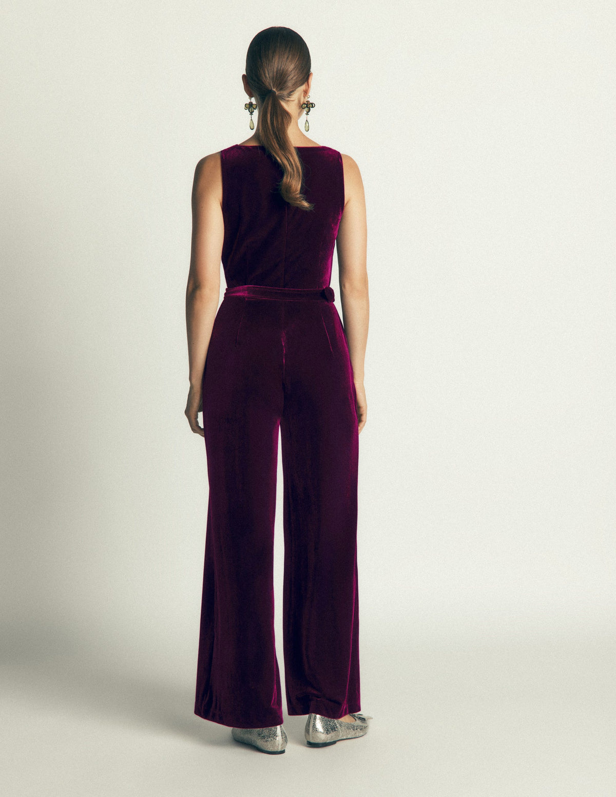 Cowl Neck Velvet Jumpsuit-Dark Cherry - Image 3