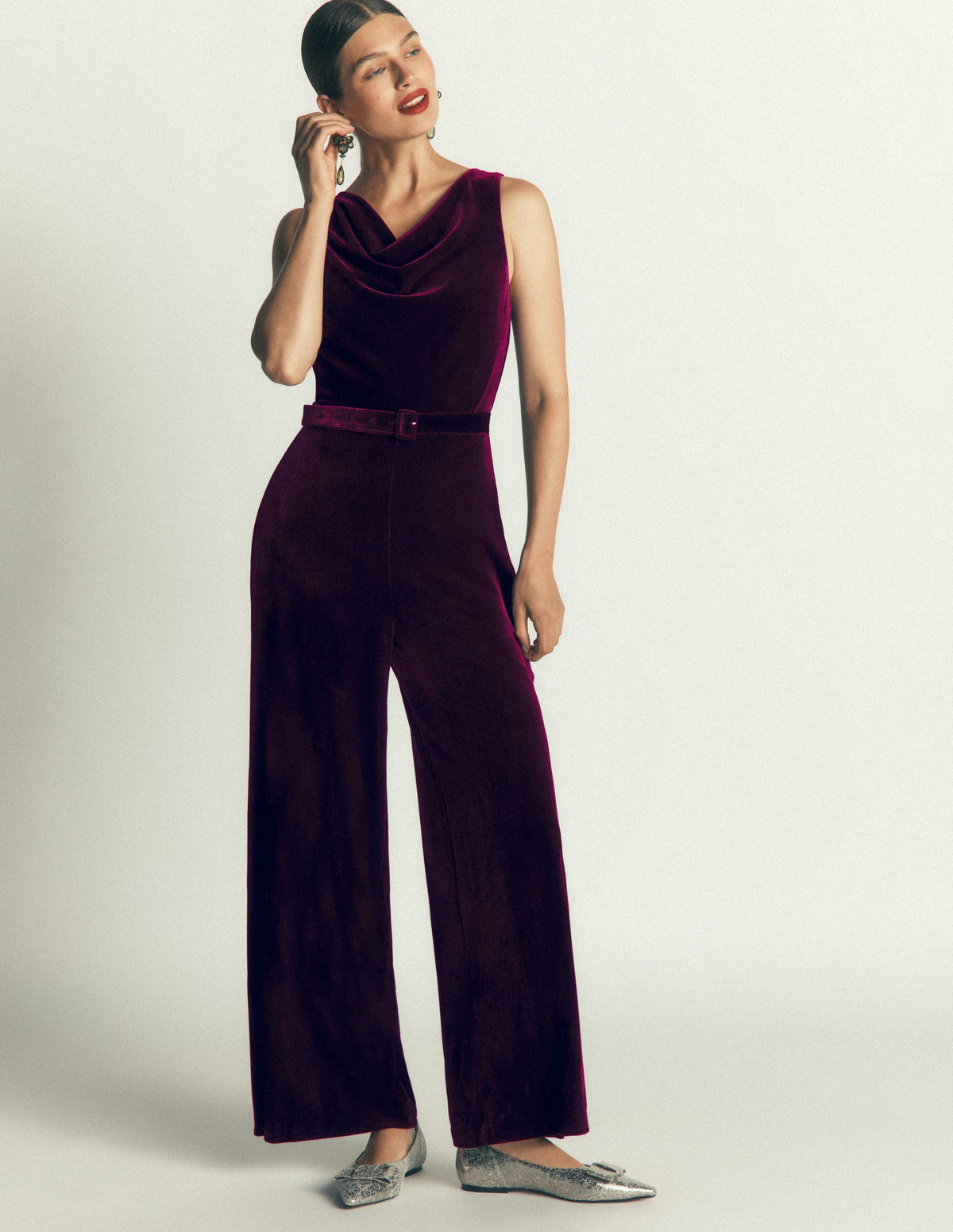 Cowl Neck Velvet Jumpsuit-Dark Cherry - Image 4