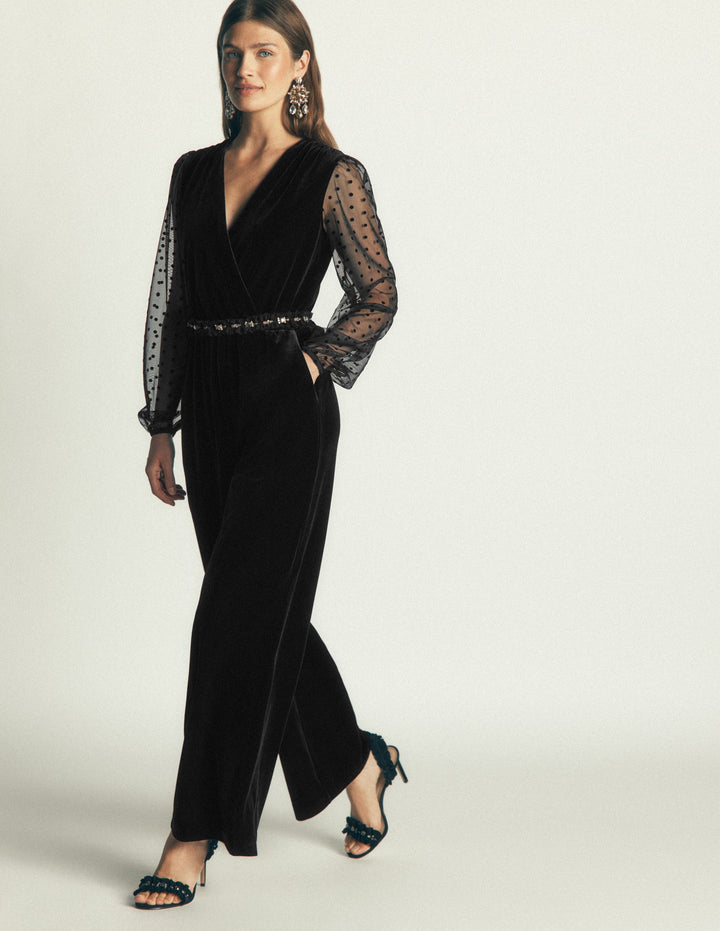 Velvet Tulle Sleeve Jumpsuit-Black
