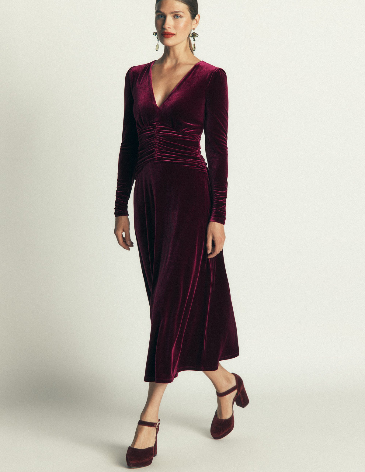Mya Ruched Velvet Midi Dress-Beetroot Red - Image 1