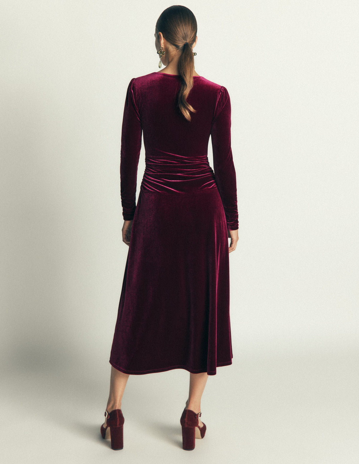 Mya Ruched Velvet Midi Dress-Beetroot Red - Image 3