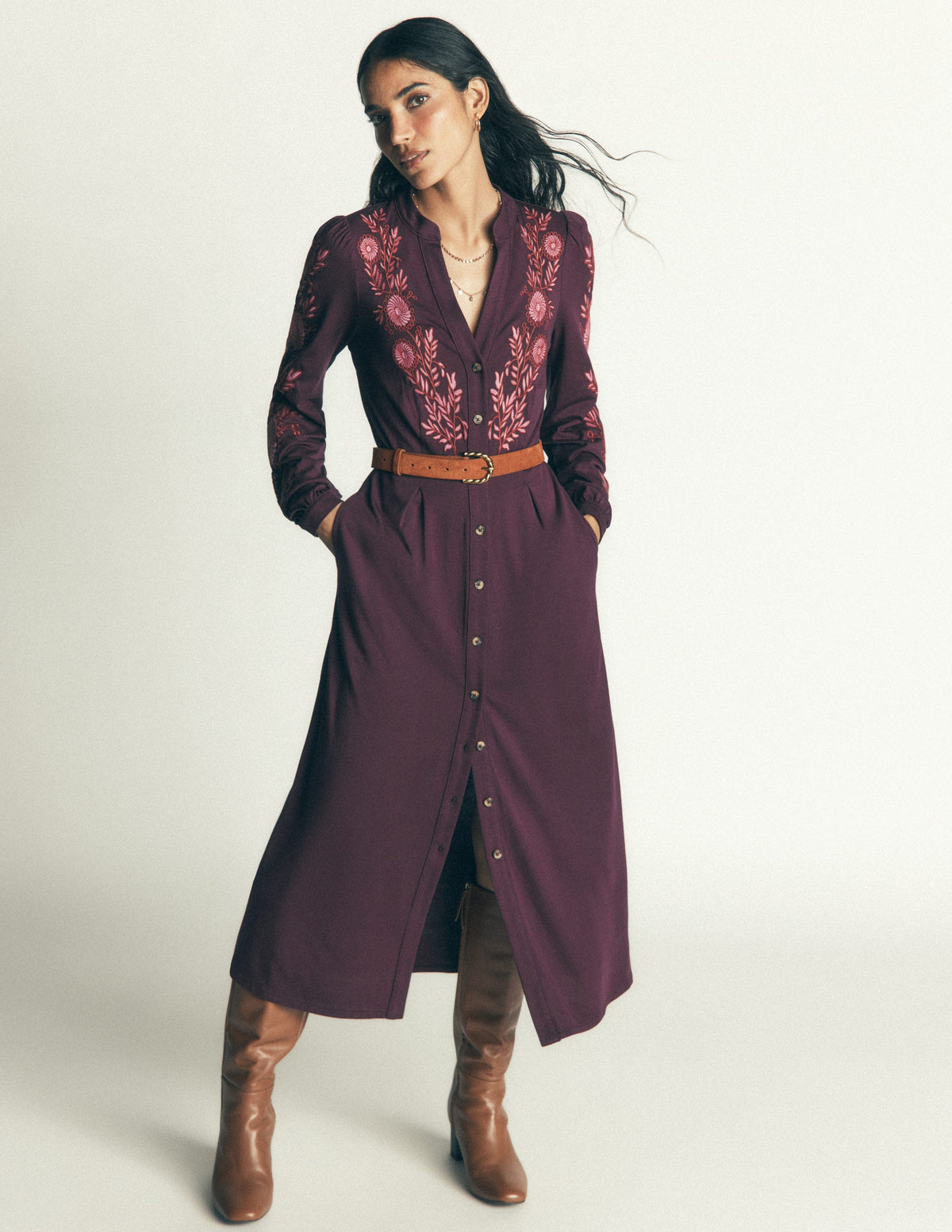 Juliet Jersey Midi Dress-Dark Cherry Embroidery - Image 1