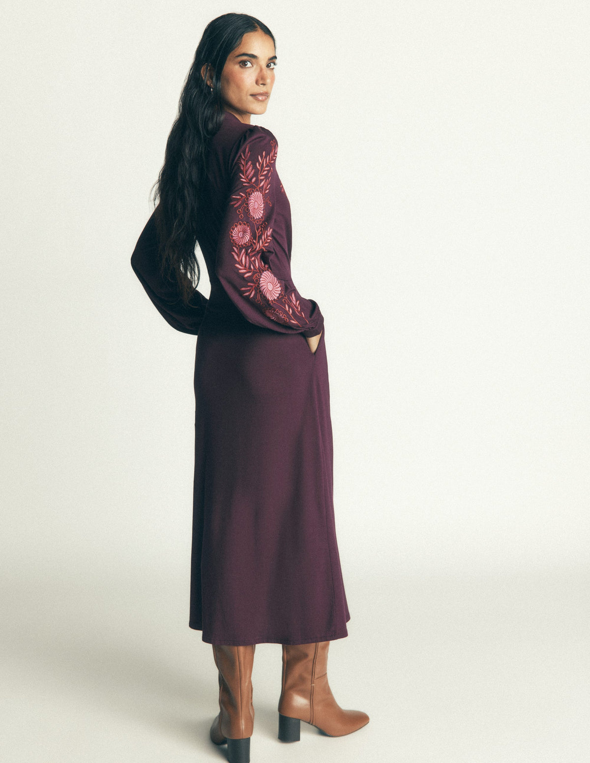 Juliet Jersey Midi Dress-Dark Cherry Embroidery - Image 3