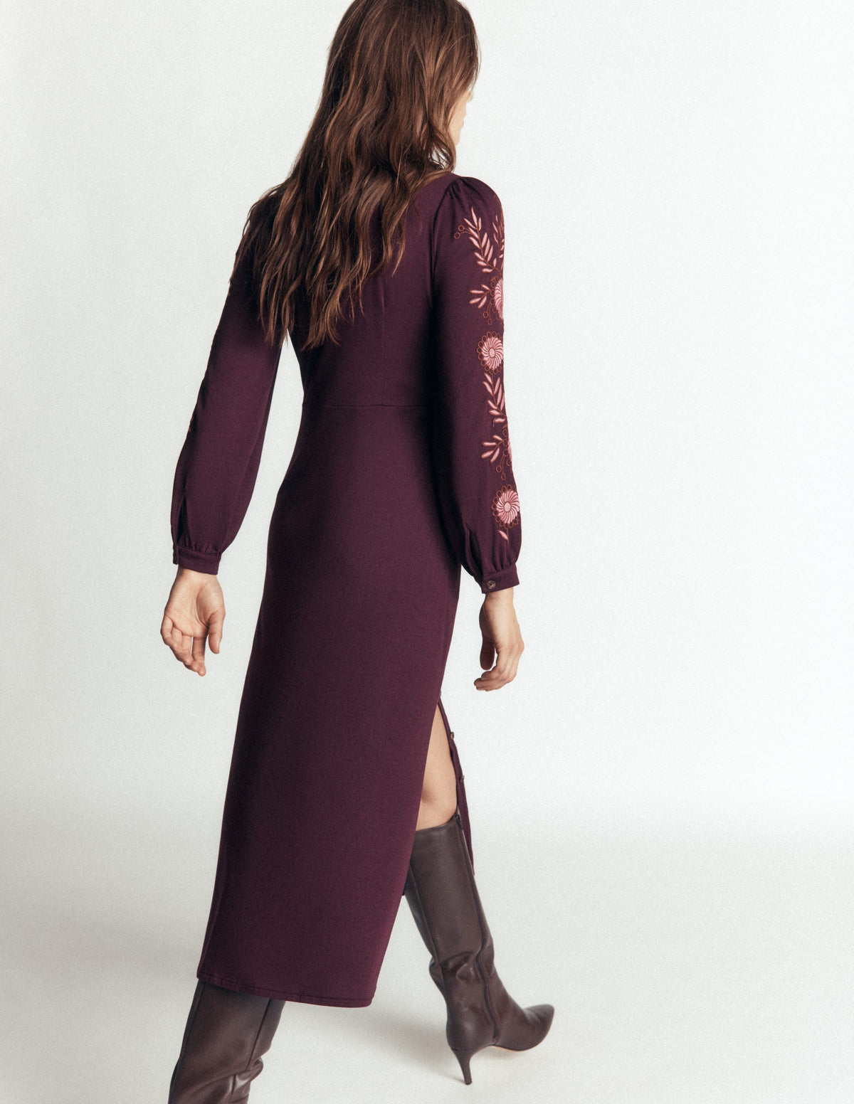 Juliet Jersey Midi Dress - Dark Cherry Embroidery