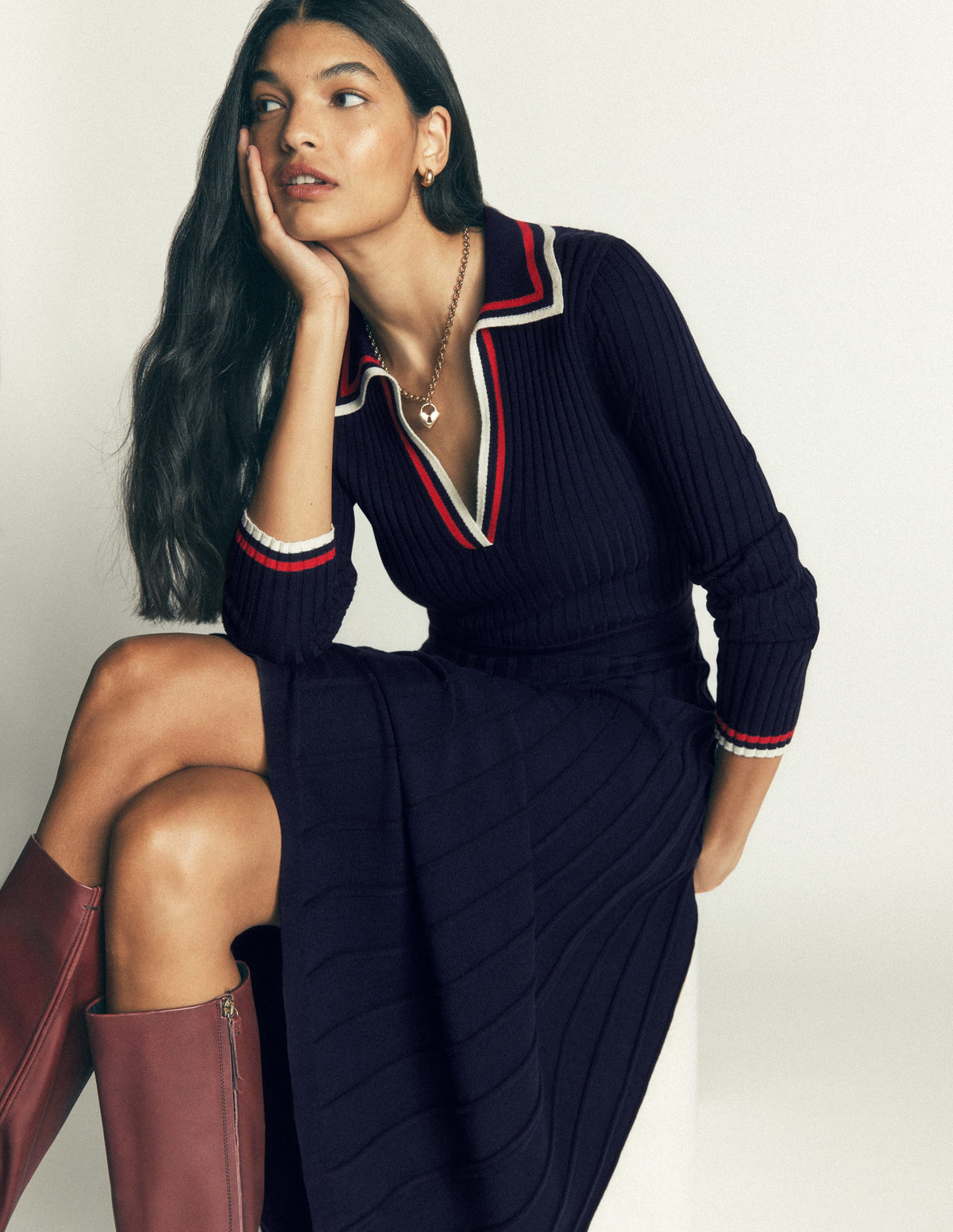 Ribbed Henley Knitted Dress-Navy - Image 1