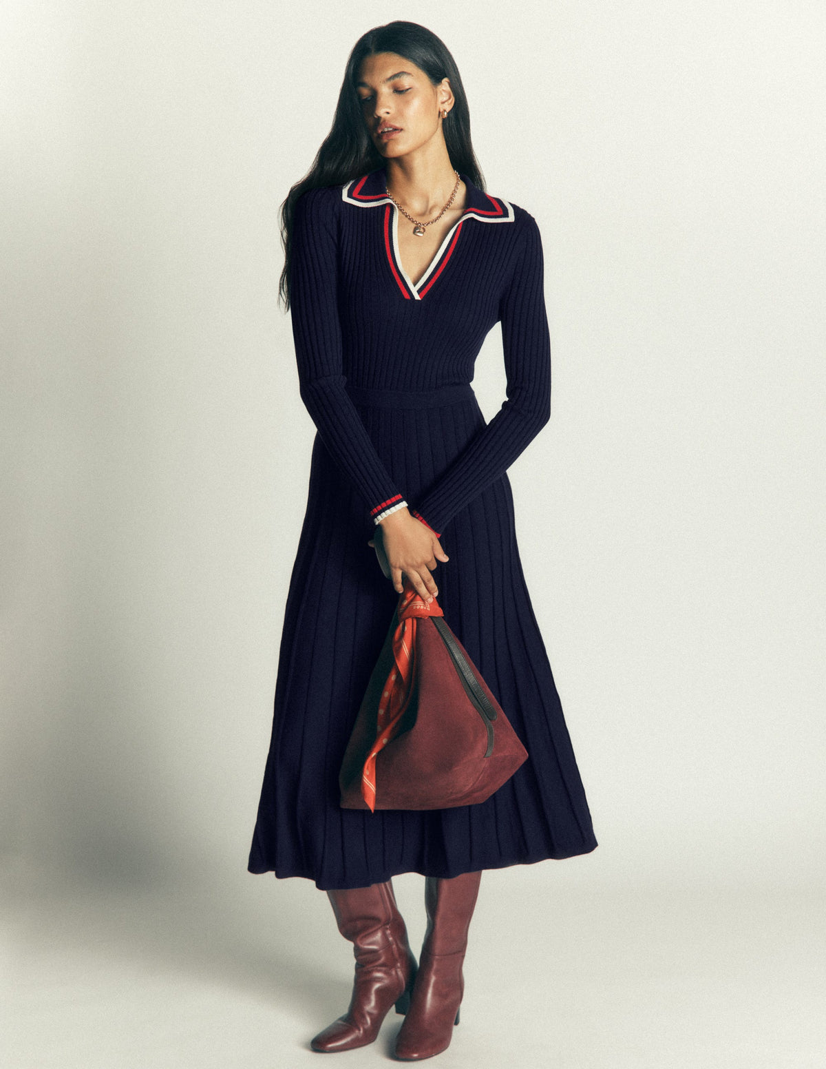 Ribbed Henley Knitted Dress-Navy - Image 4