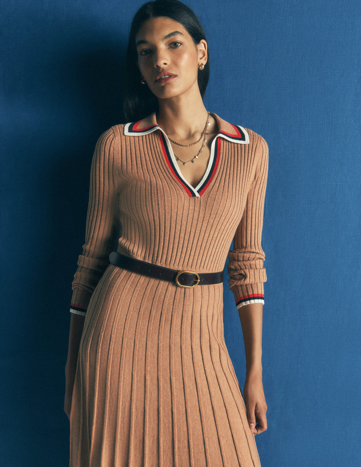 Ribbed Henley Knitted Dress - Camel Melange