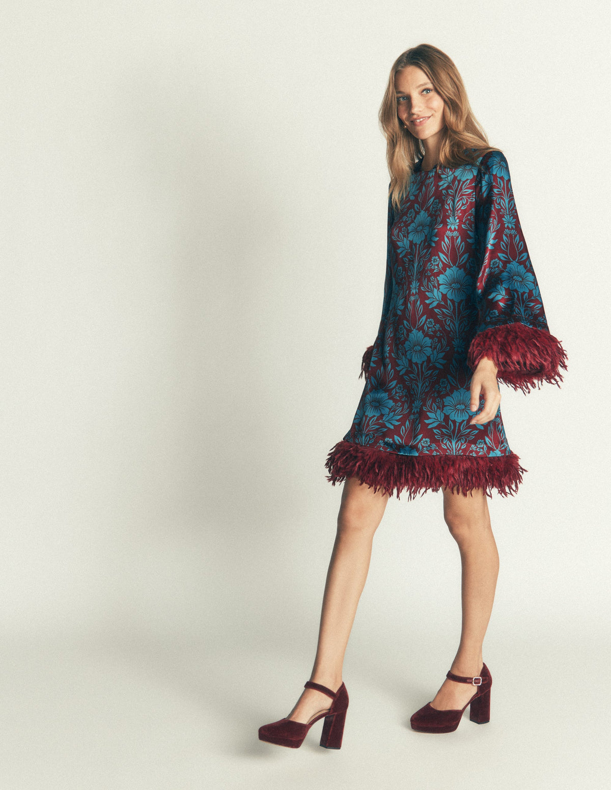 Faux Feather Satin Dress-Crystal Teal Flourishing Sprig - Image 5
