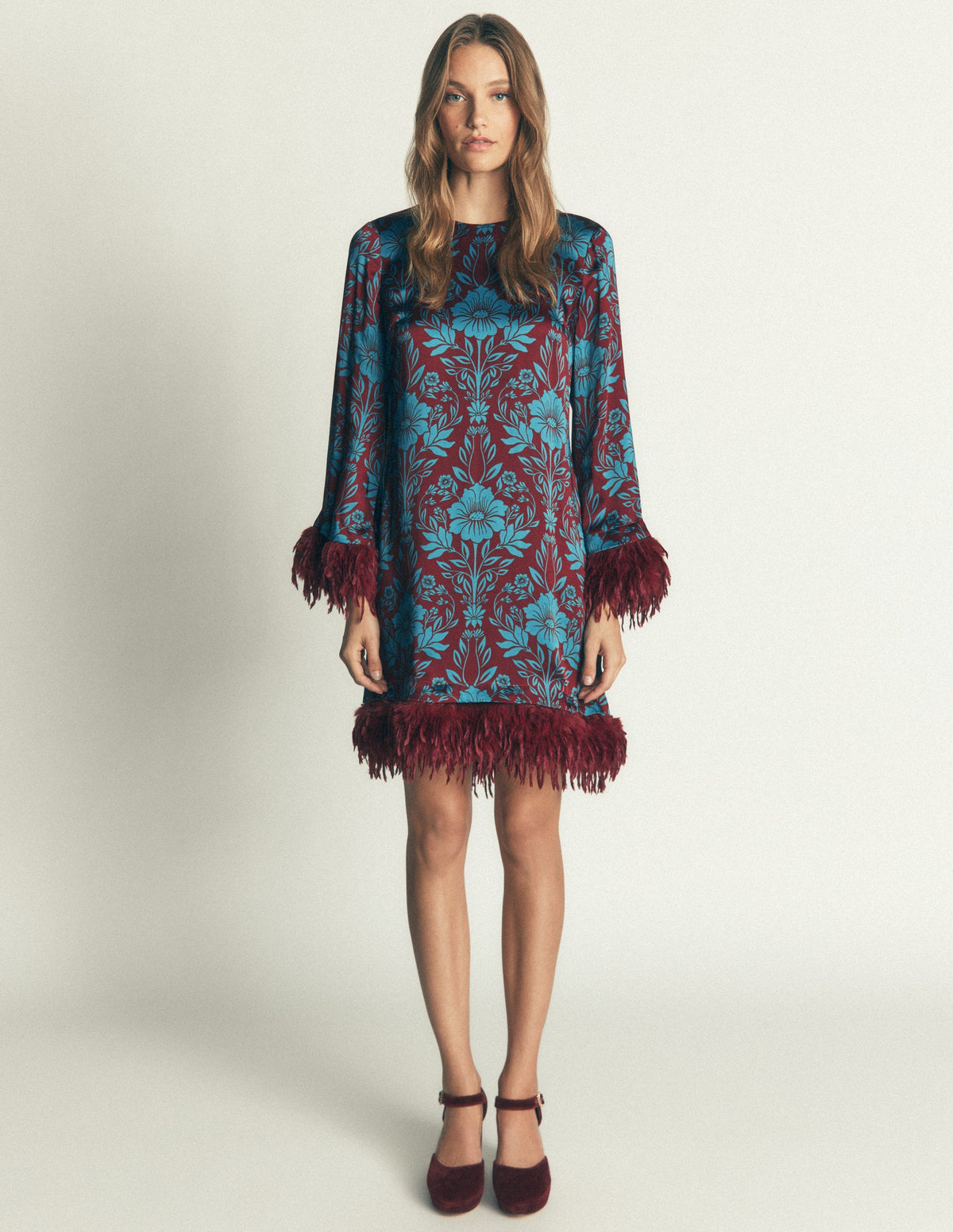 Faux Feather Satin Dress-Crystal Teal Flourishing Sprig - Image 6