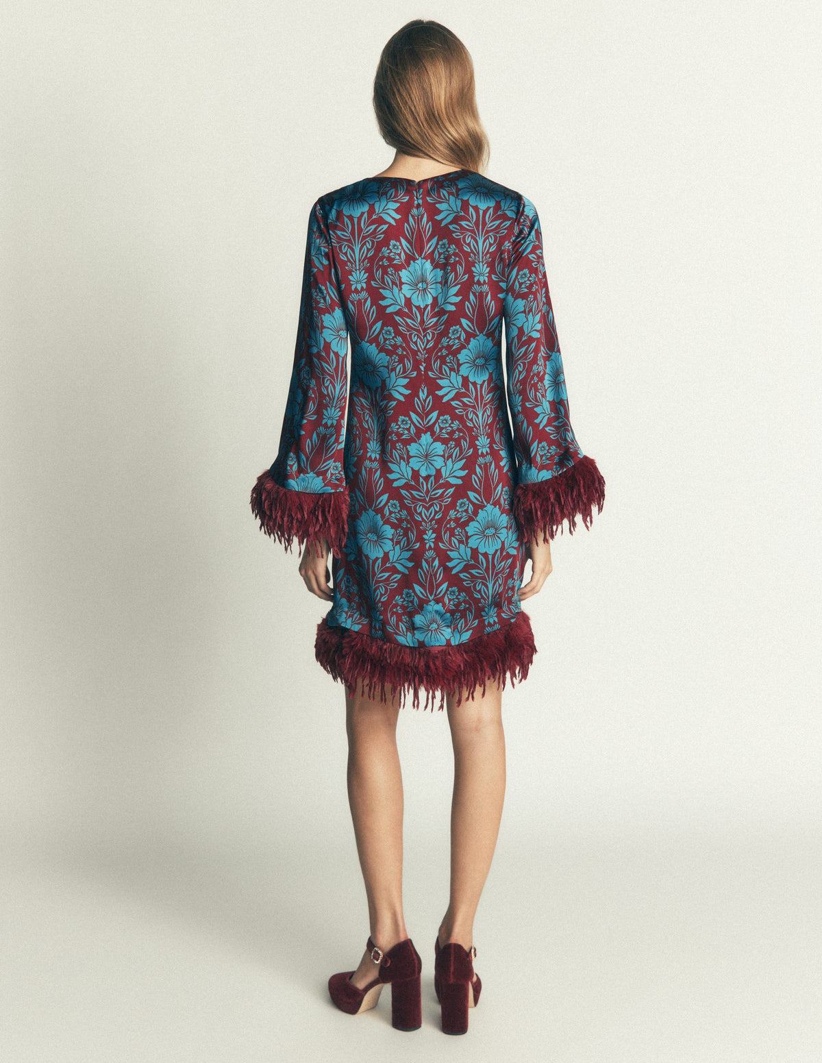 Faux Feather Satin Dress-Crystal Teal Flourishing Sprig-7