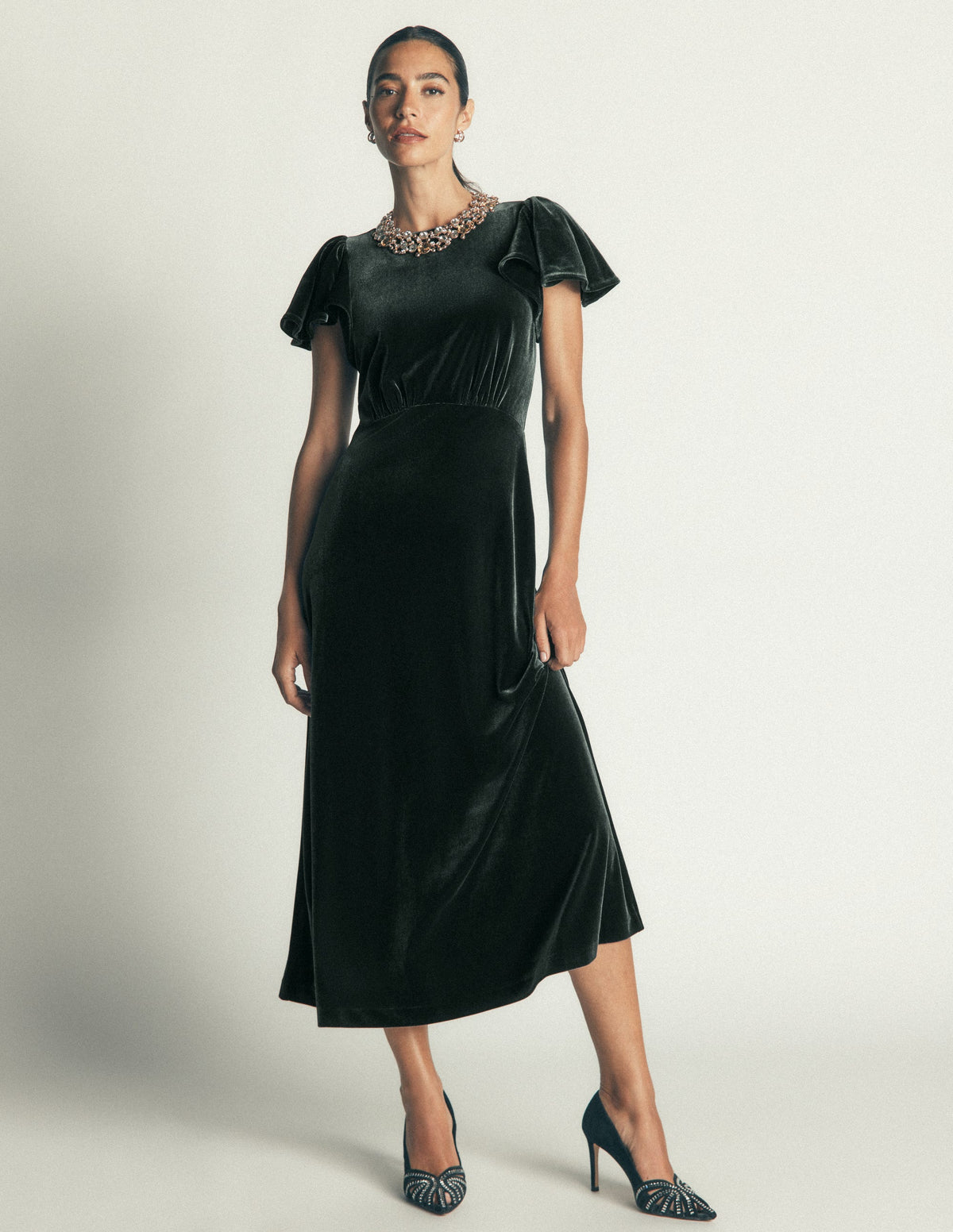 Draped Sleeve Velvet Dress-Scarab - Image 2